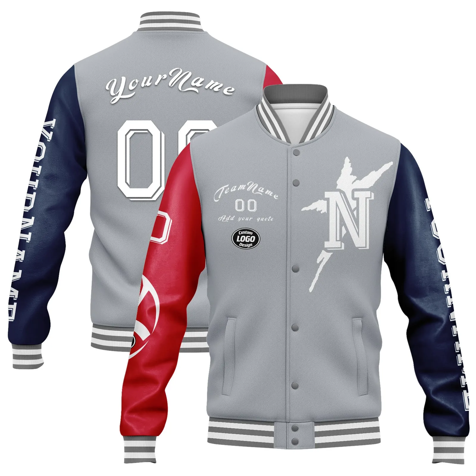 Custom Gray Red Blue New England Jacket Bomber Full-Snap Varsity Letterman Personalized Jacket FZ005SX-D020290-26