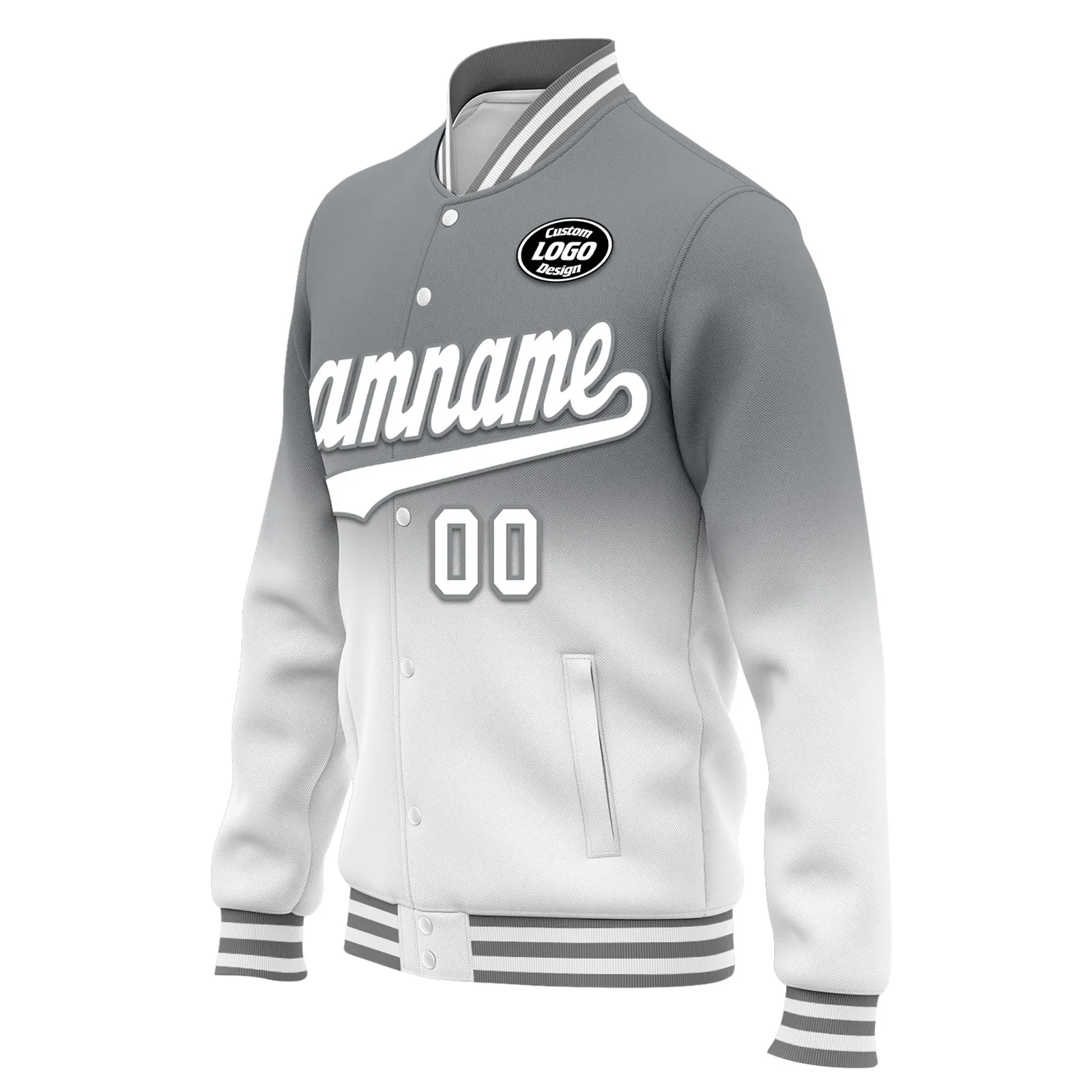 Custom Gray White Fade Fashion Jacket Bomber Full-Snap Varsity Letterman Personalized Jacket FZ005-D020229-15