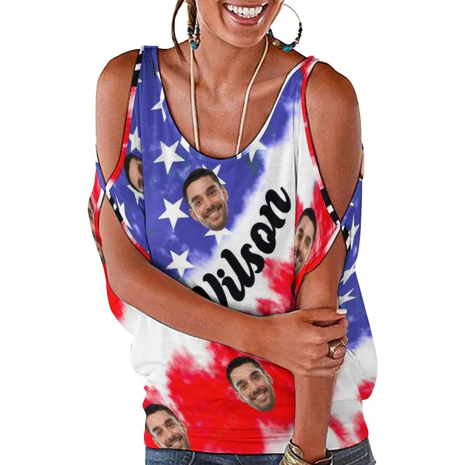 Custom Name&Face American Flag Tank Tops with Photo Women's Tie Neck Cold Shoulder Top