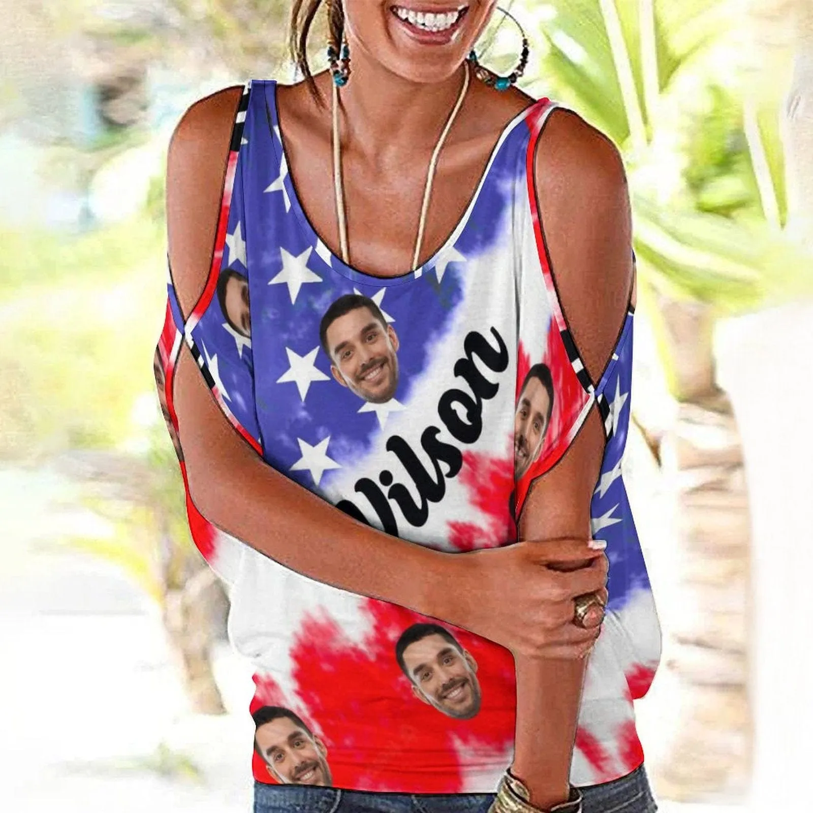 Custom Name&Face American Flag Tank Tops with Photo Women's Tie Neck Cold Shoulder Top