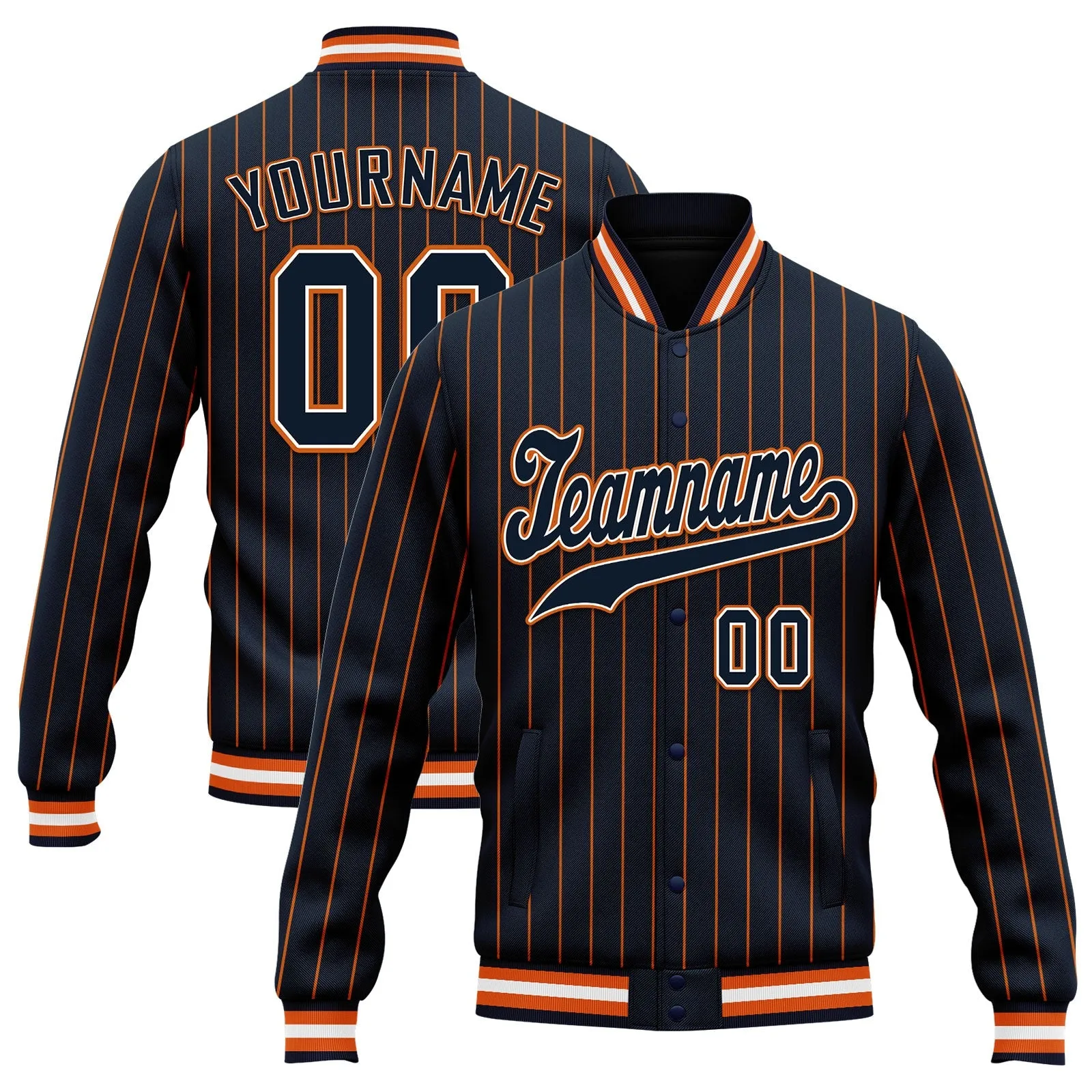 Custom Navy Orange Stripe Fashion Jacket Bomber Full-Snap Varsity Letterman Personalized Jacket FZ005-D020219-12