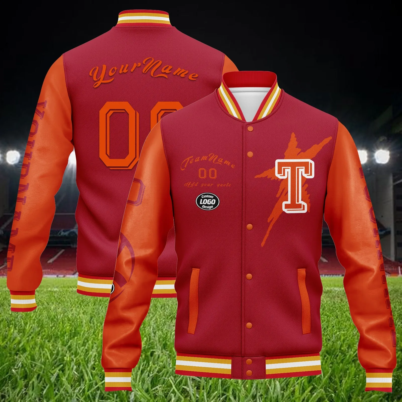 Custom Red Orange Tampa Bay Jacket Bomber Full-Snap Varsity Letterman Personalized Jacket FZ005SX-D020290-29