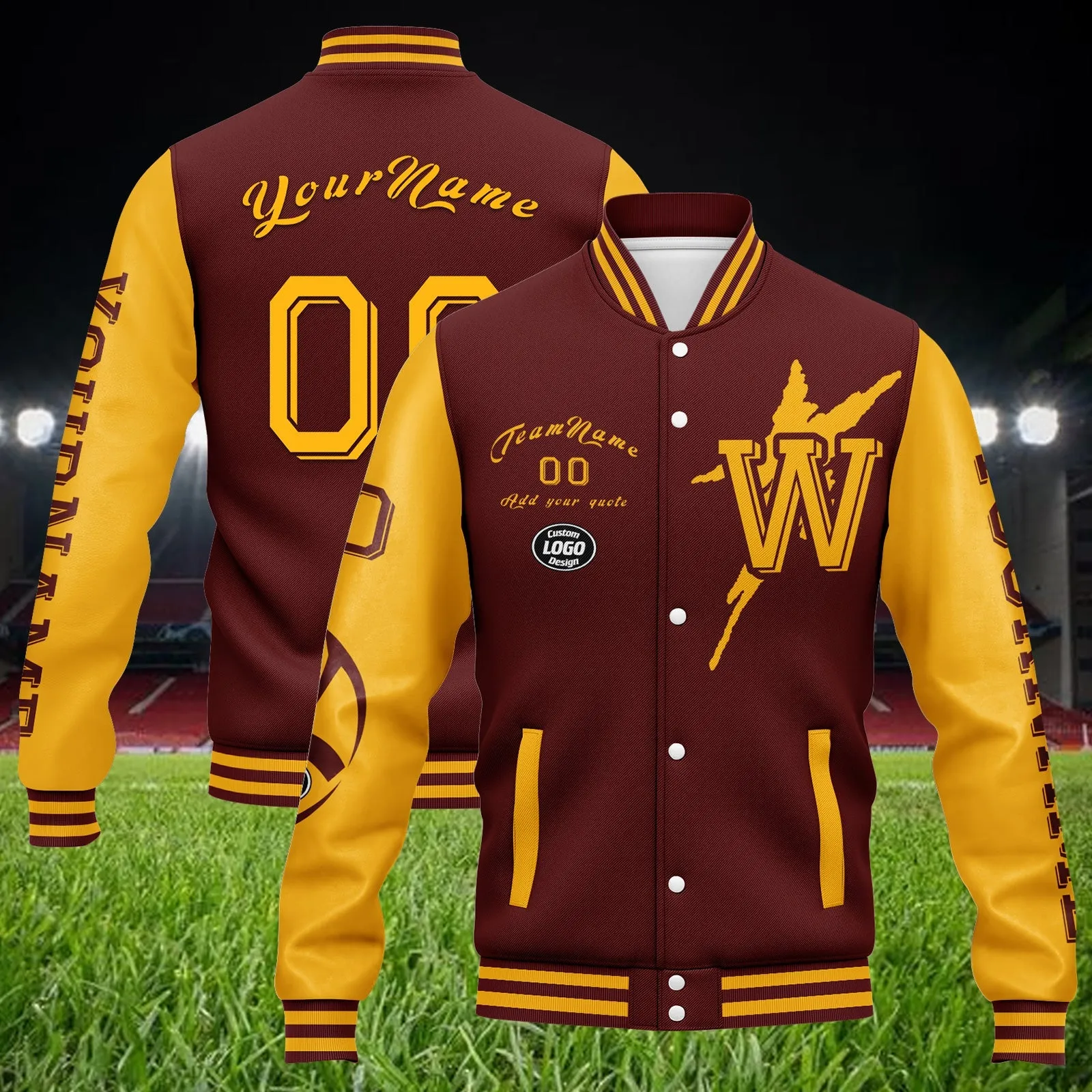 Custom Red Yellow Washington Jacket Bomber Full-Snap Varsity Letterman Personalized Jacket FZ005SX-D020290-31