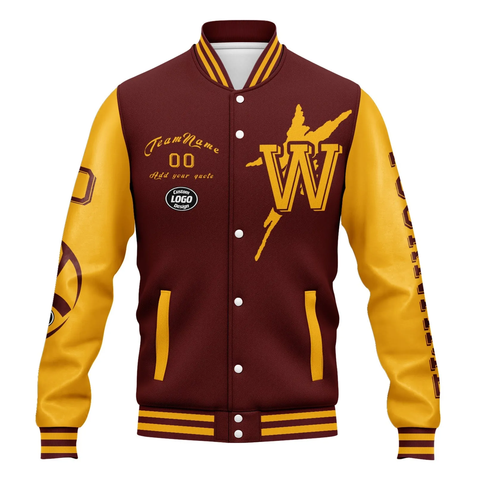 Custom Red Yellow Washington Jacket Bomber Full-Snap Varsity Letterman Personalized Jacket FZ005SX-D020290-31