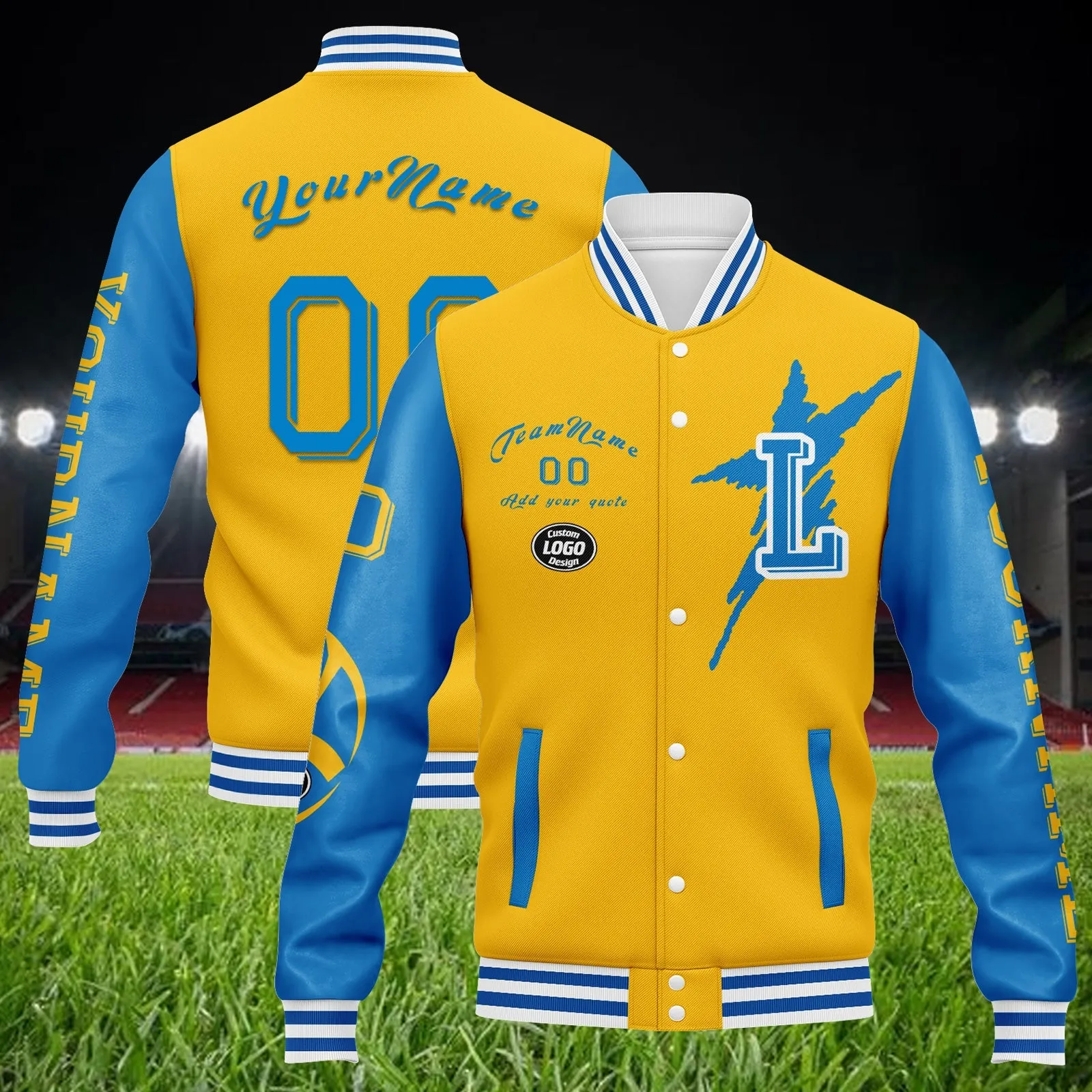 Custom Yellow Blue Los Angeles Jacket Bomber Full-Snap Varsity Letterman Personalized Jacket FZ005SX-D020290-22