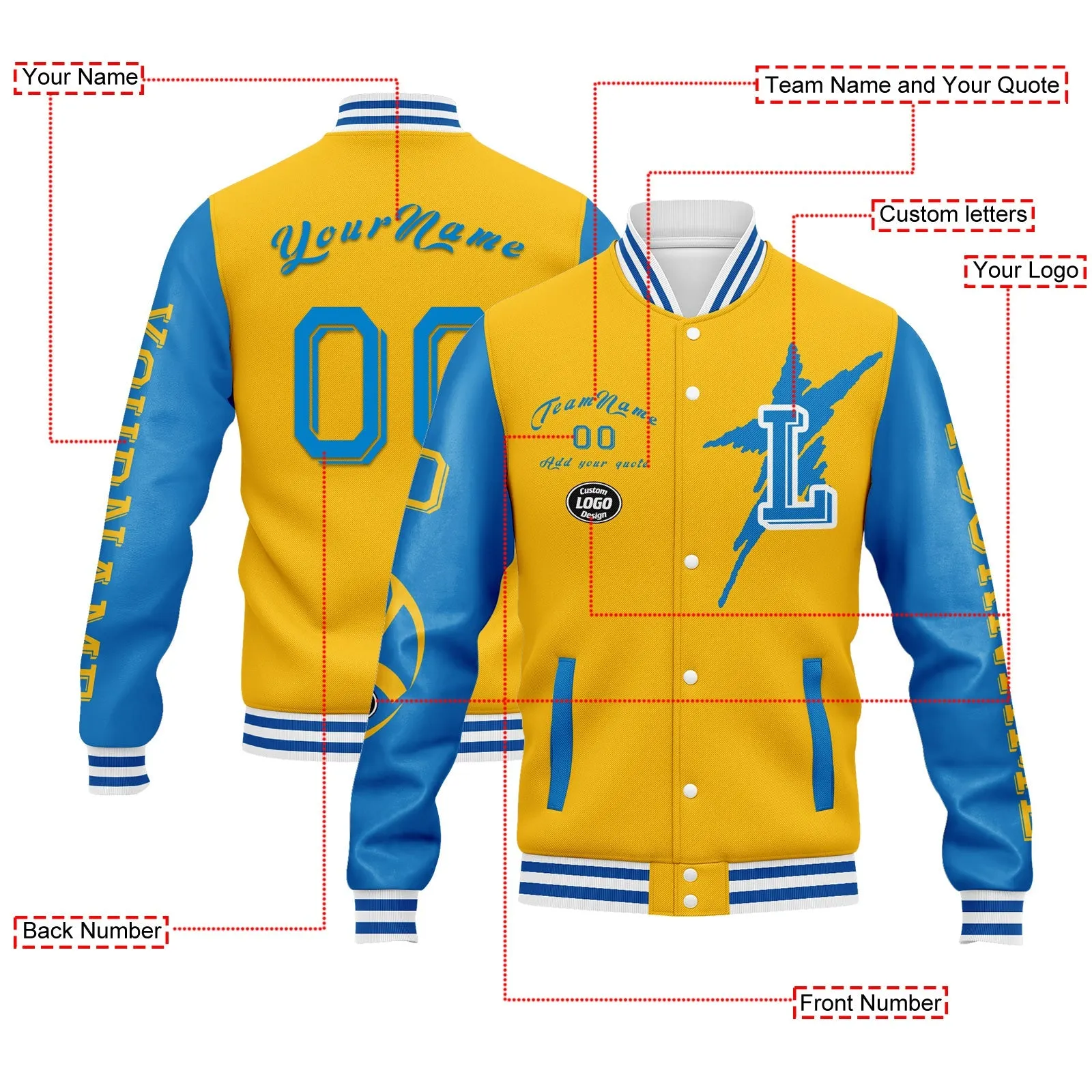 Custom Yellow Blue Los Angeles Jacket Bomber Full-Snap Varsity Letterman Personalized Jacket FZ005SX-D020290-22