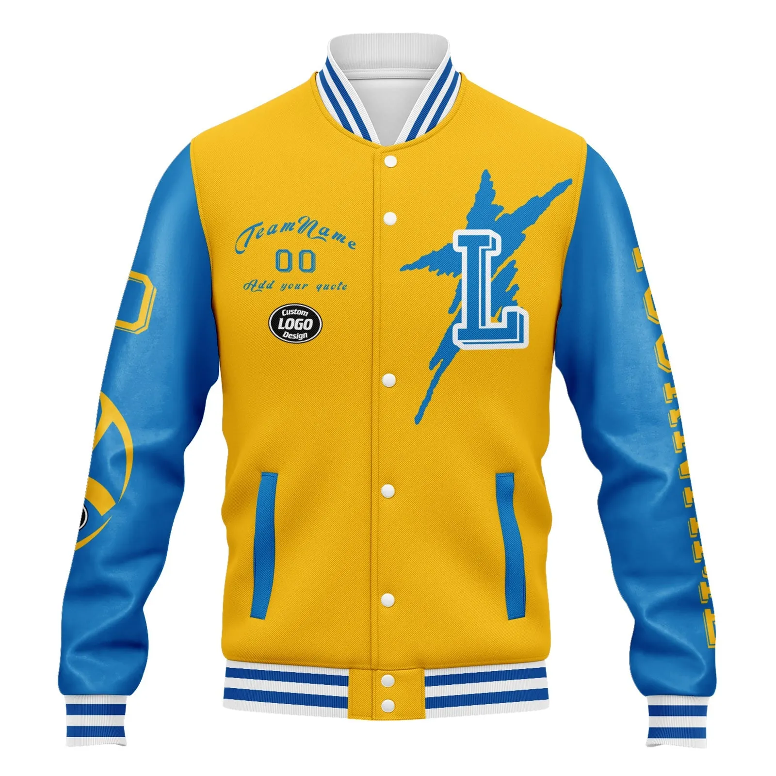 Custom Yellow Blue Los Angeles Jacket Bomber Full-Snap Varsity Letterman Personalized Jacket FZ005SX-D020290-22