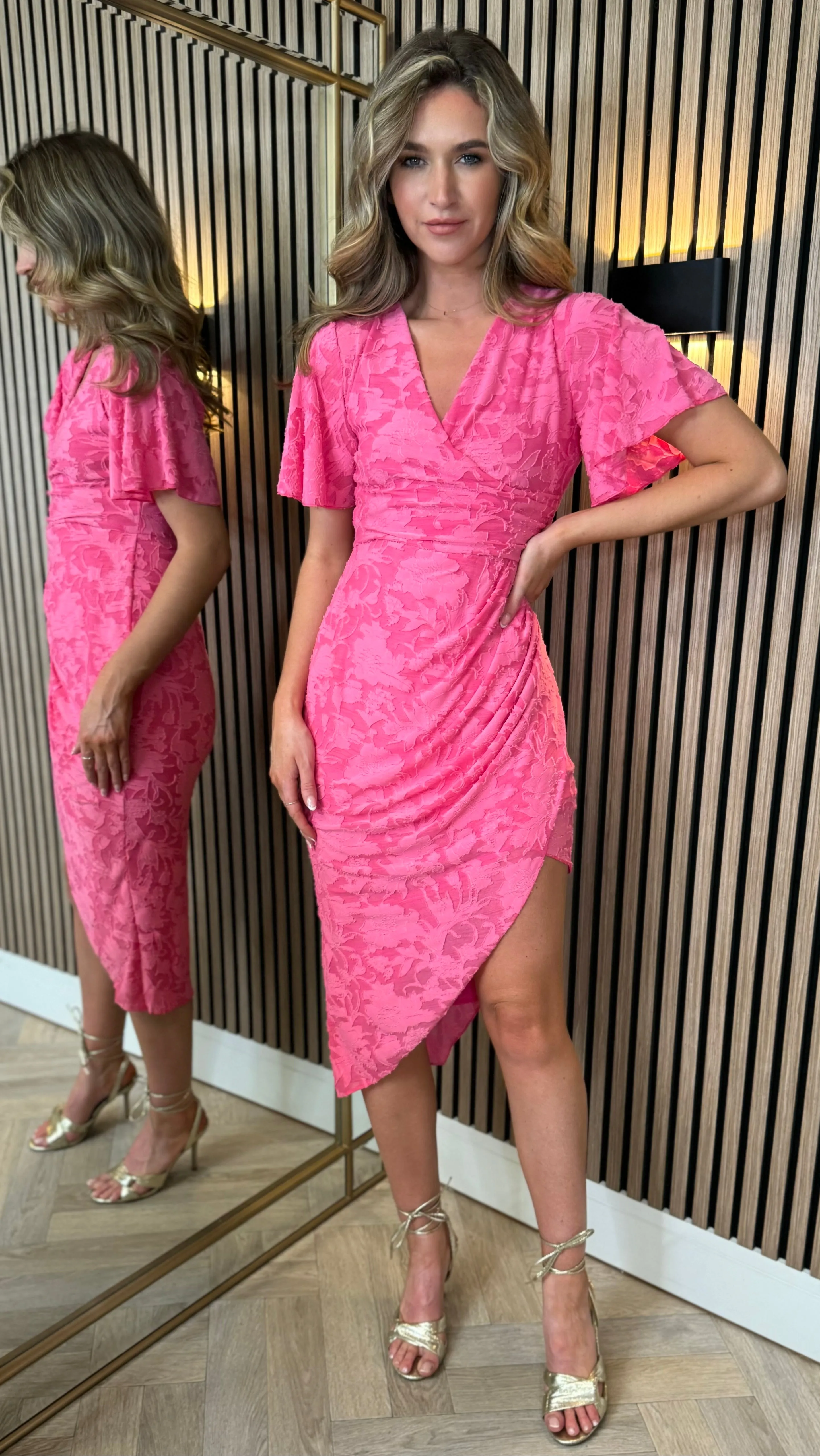 Cyprian Pink Angel Sleeve Wrap Midi Dress