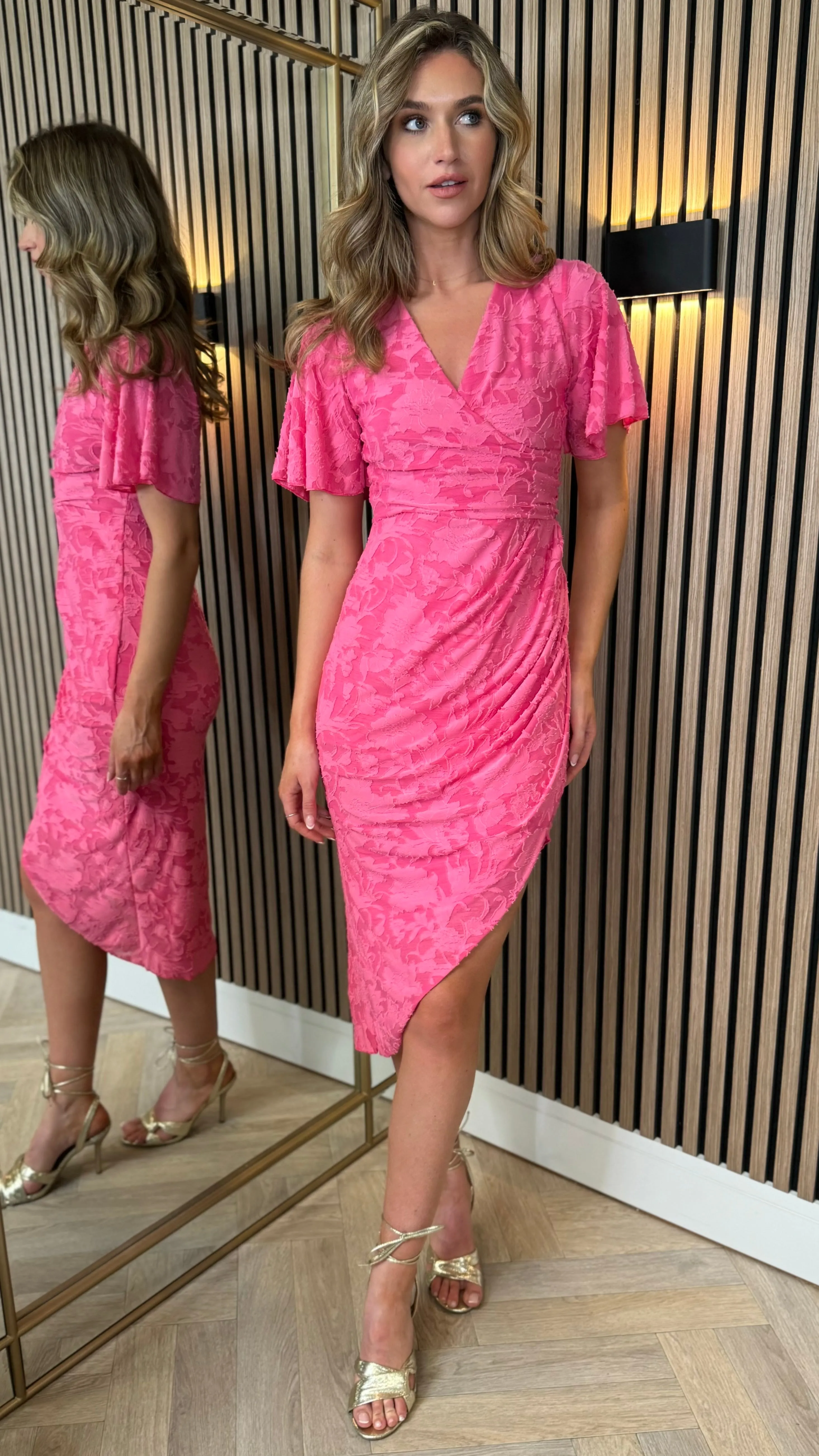 Cyprian Pink Angel Sleeve Wrap Midi Dress