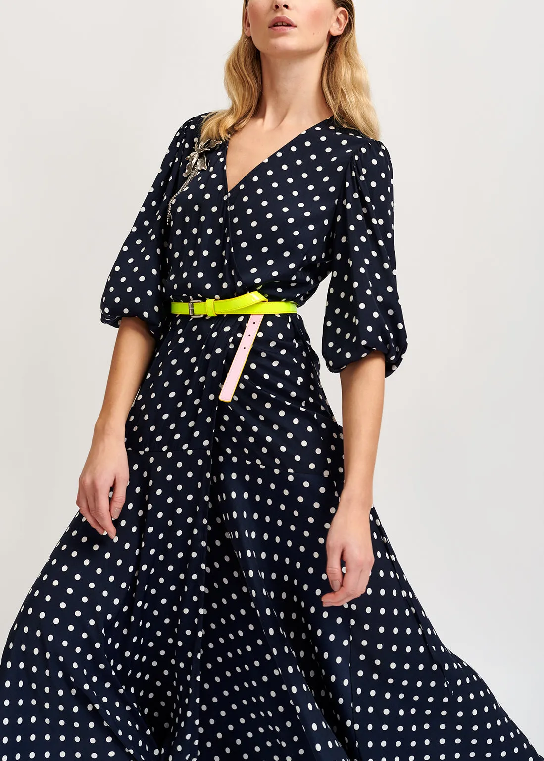 Dark blue polka dot wrap maxi dress