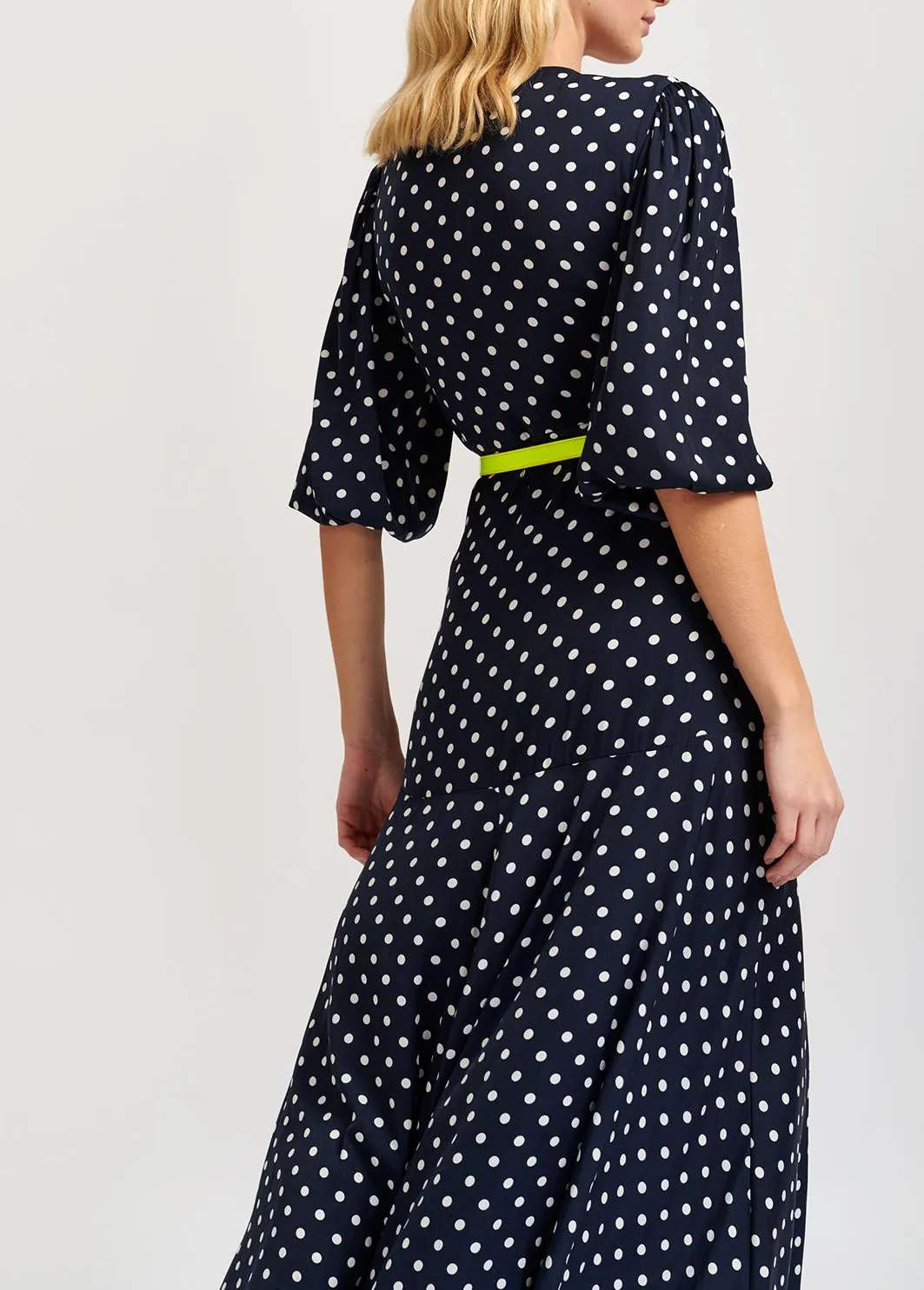 Dark blue polka dot wrap maxi dress