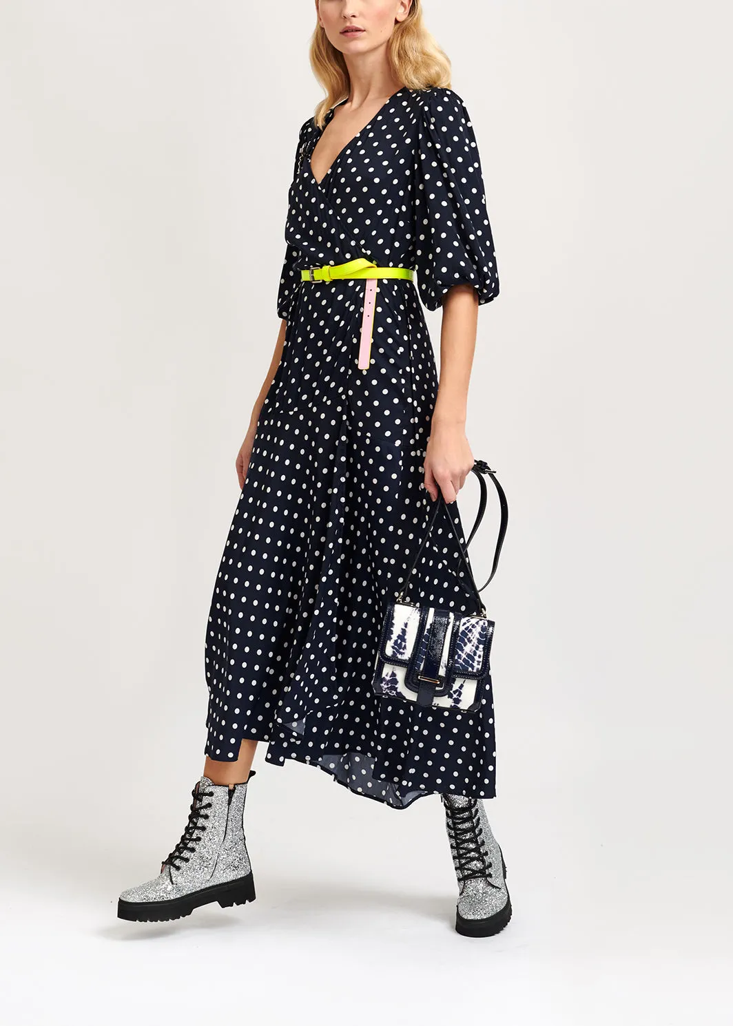 Dark blue polka dot wrap maxi dress