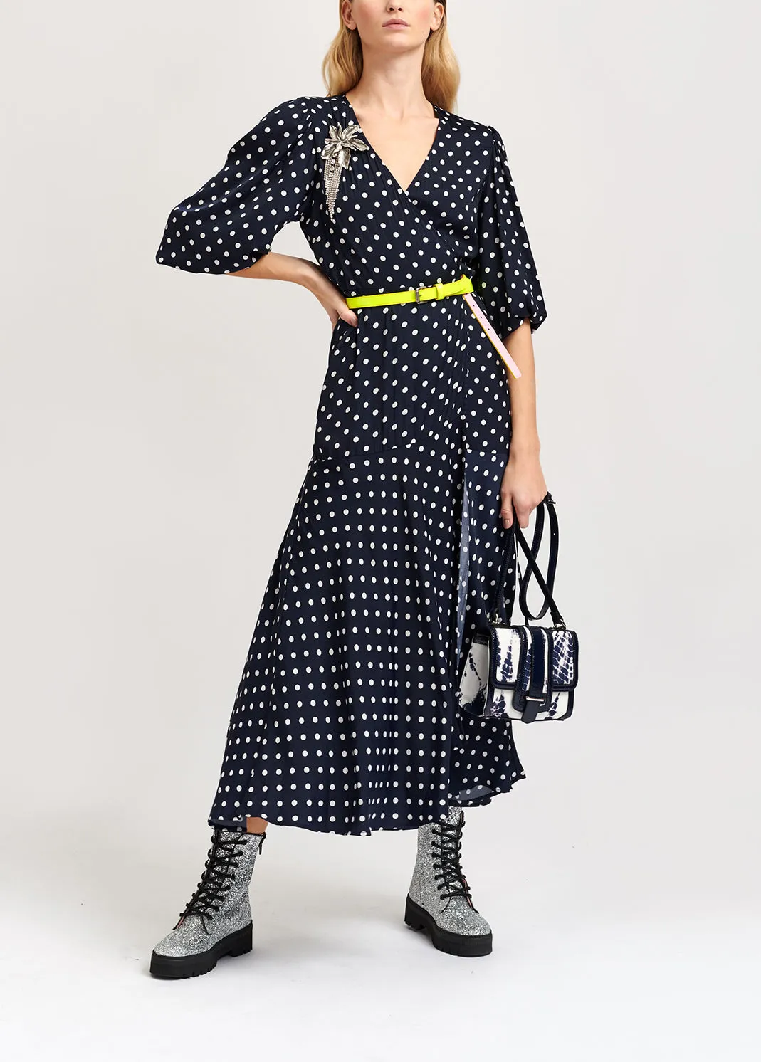 Dark blue polka dot wrap maxi dress