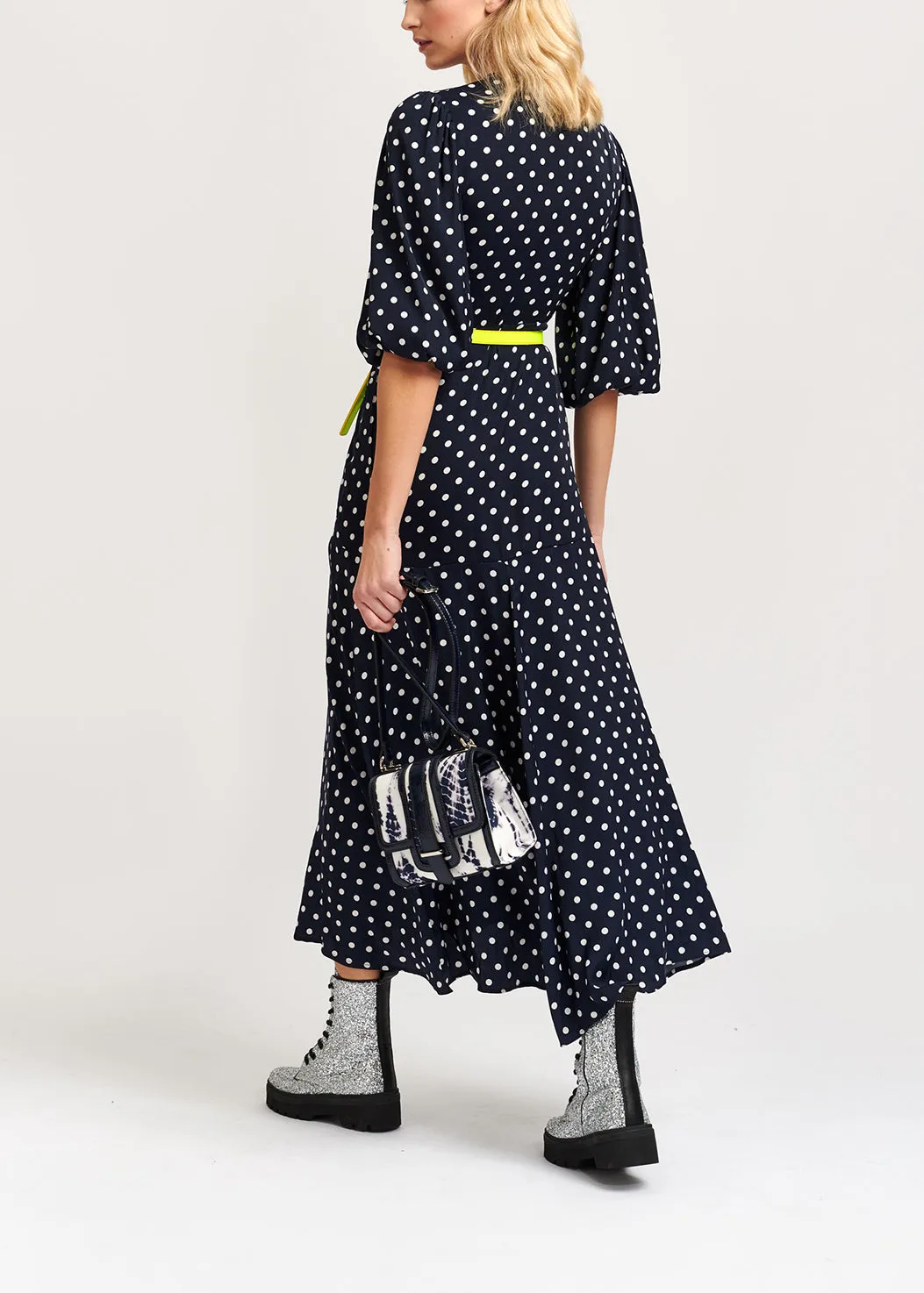 Dark blue polka dot wrap maxi dress