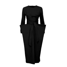 Designer Midi Dress With Belt Black