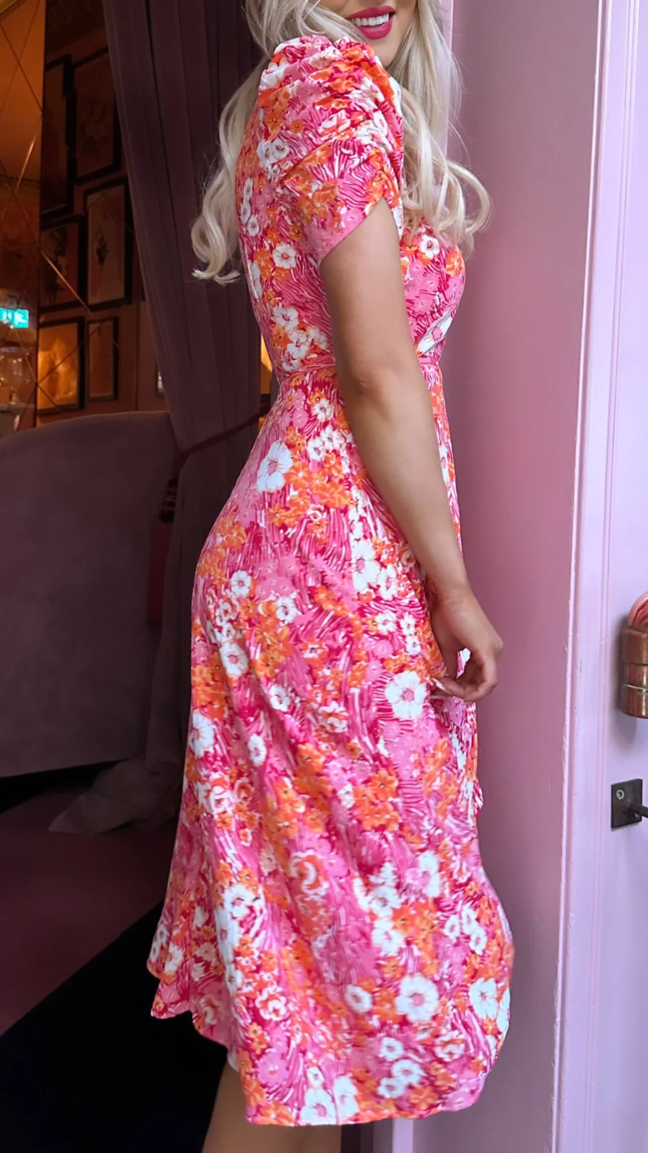 Drew Pink & Orange Floral Wrap Neck Puff Sleeve Midi Dress