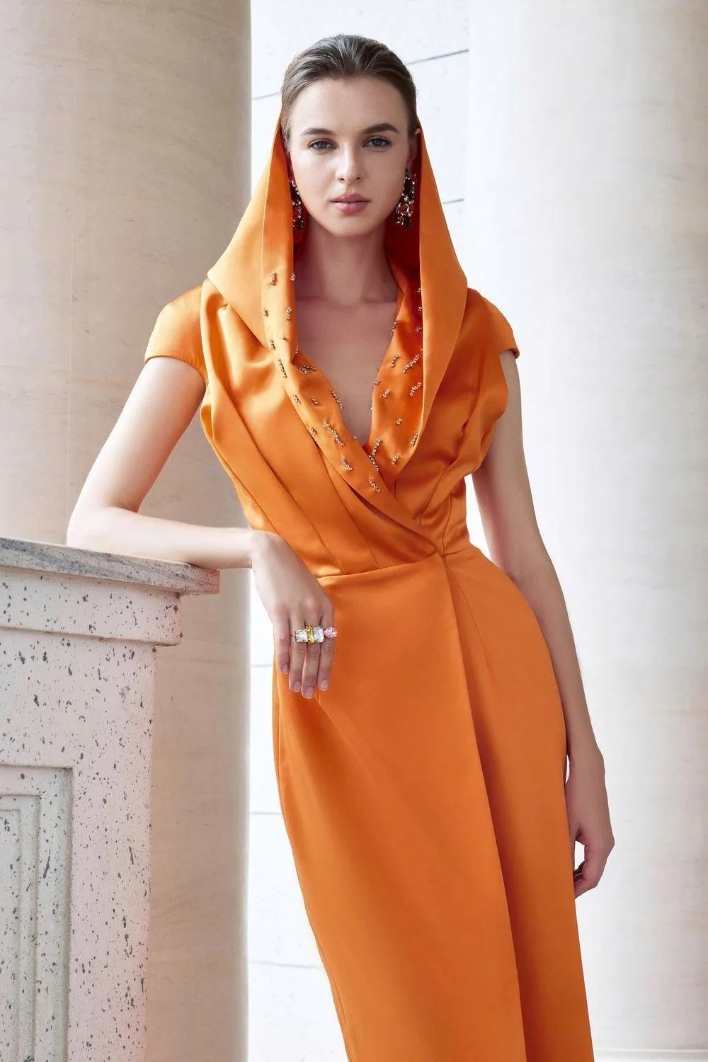 Euphony Wrap Hooded Neck Silk Floor Length Dress