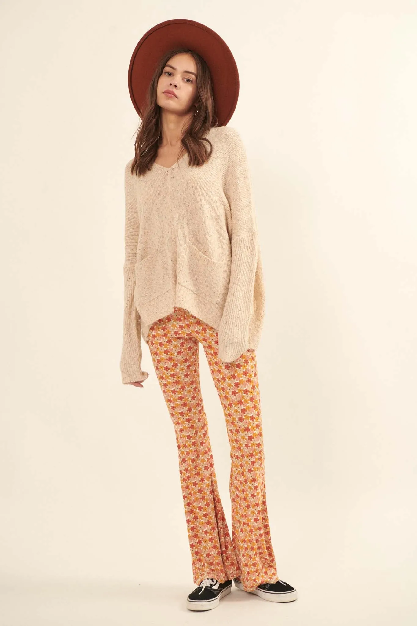 Far-Out Flowers Floral Rib-Knit Flare Pants