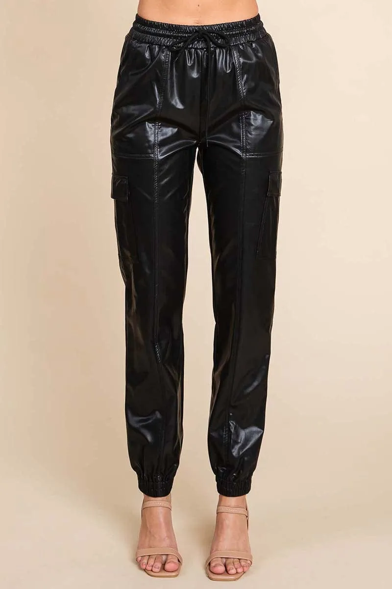 Faux Leather Drawstring Waist Pocketed Cargo Pants