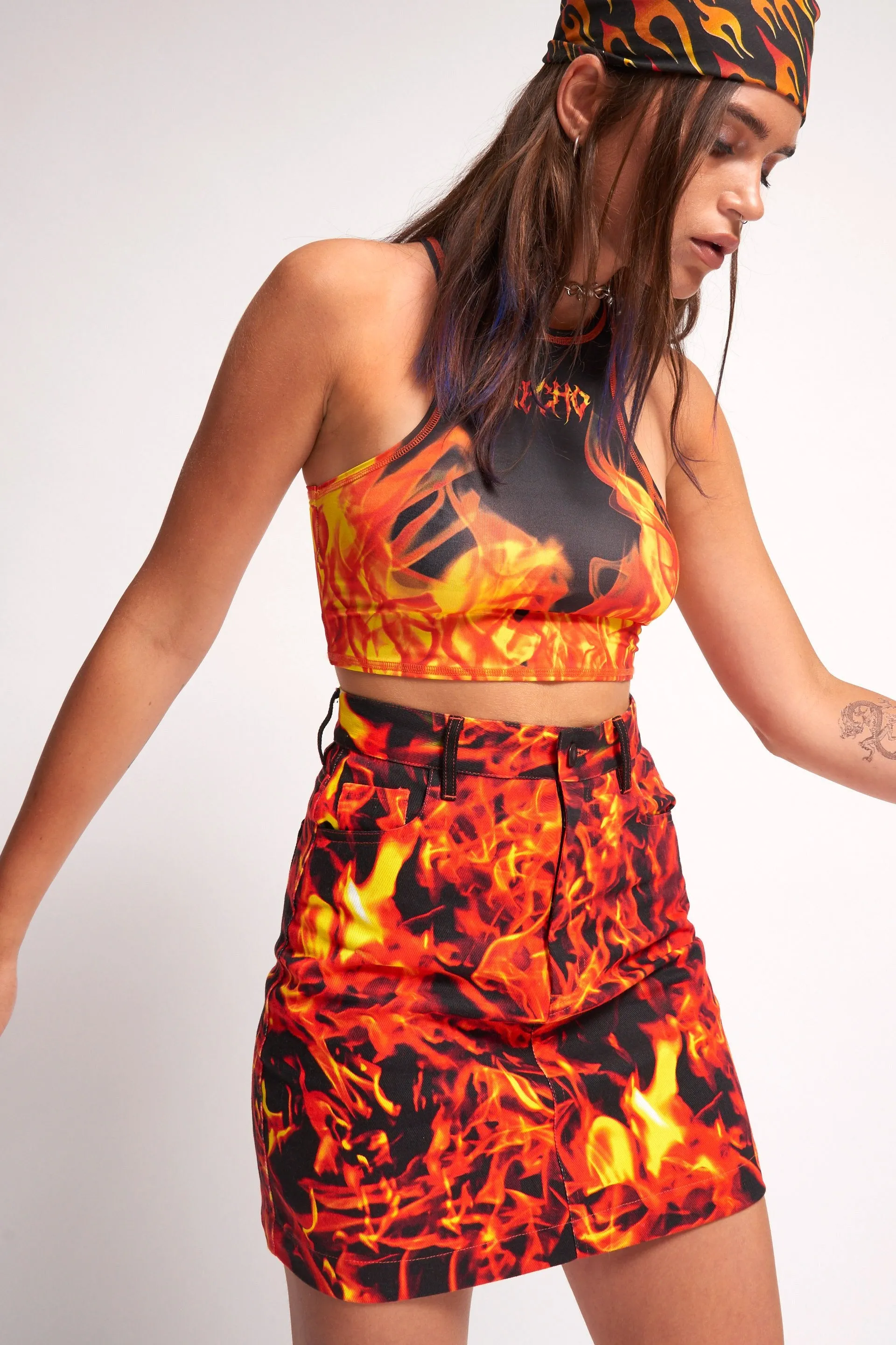 Flame Print Denim Mini Skirt