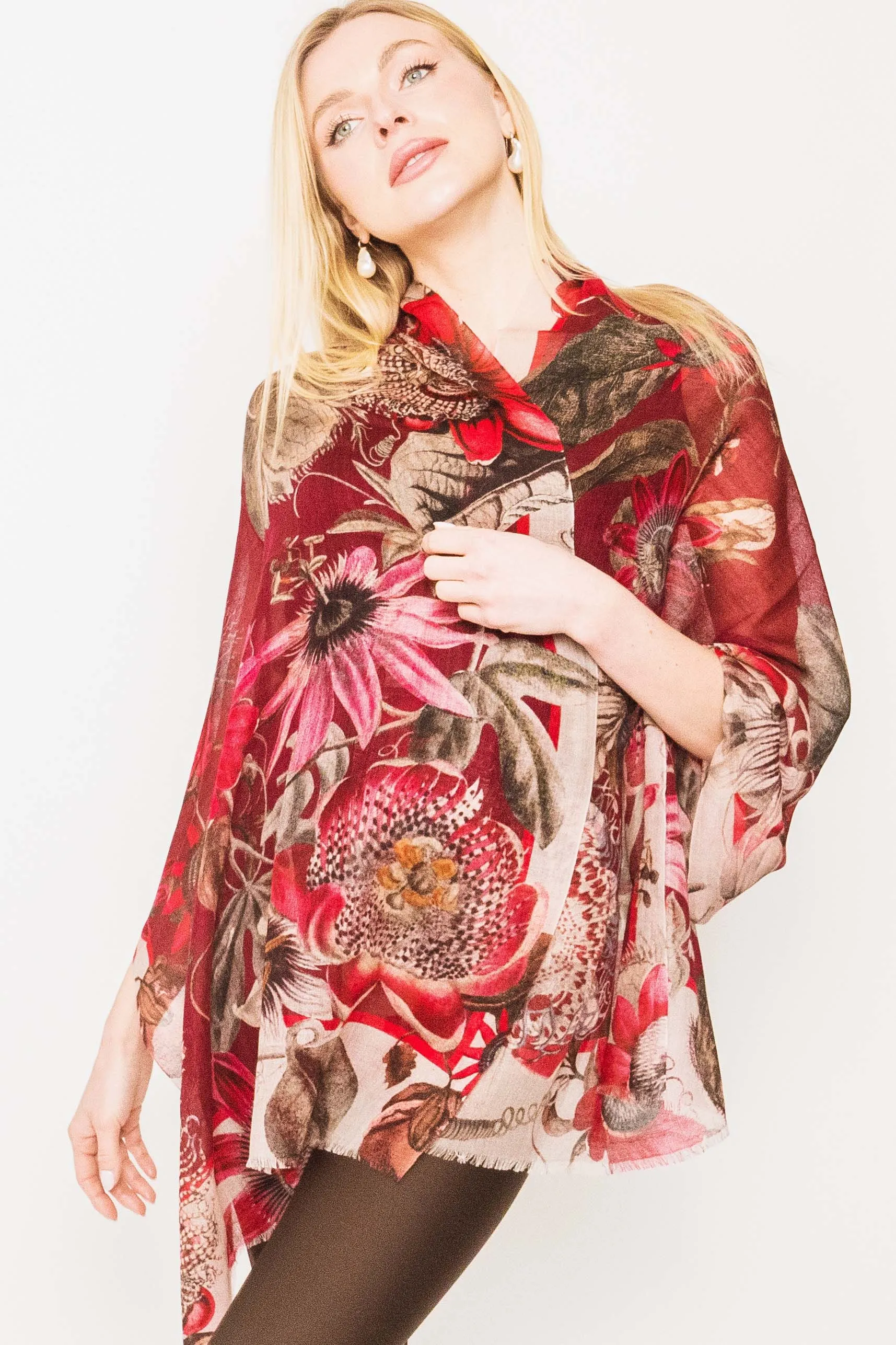 Floral Silk Wool Scarf - Winter Sale 50% Off - At checkout use code Winter50%