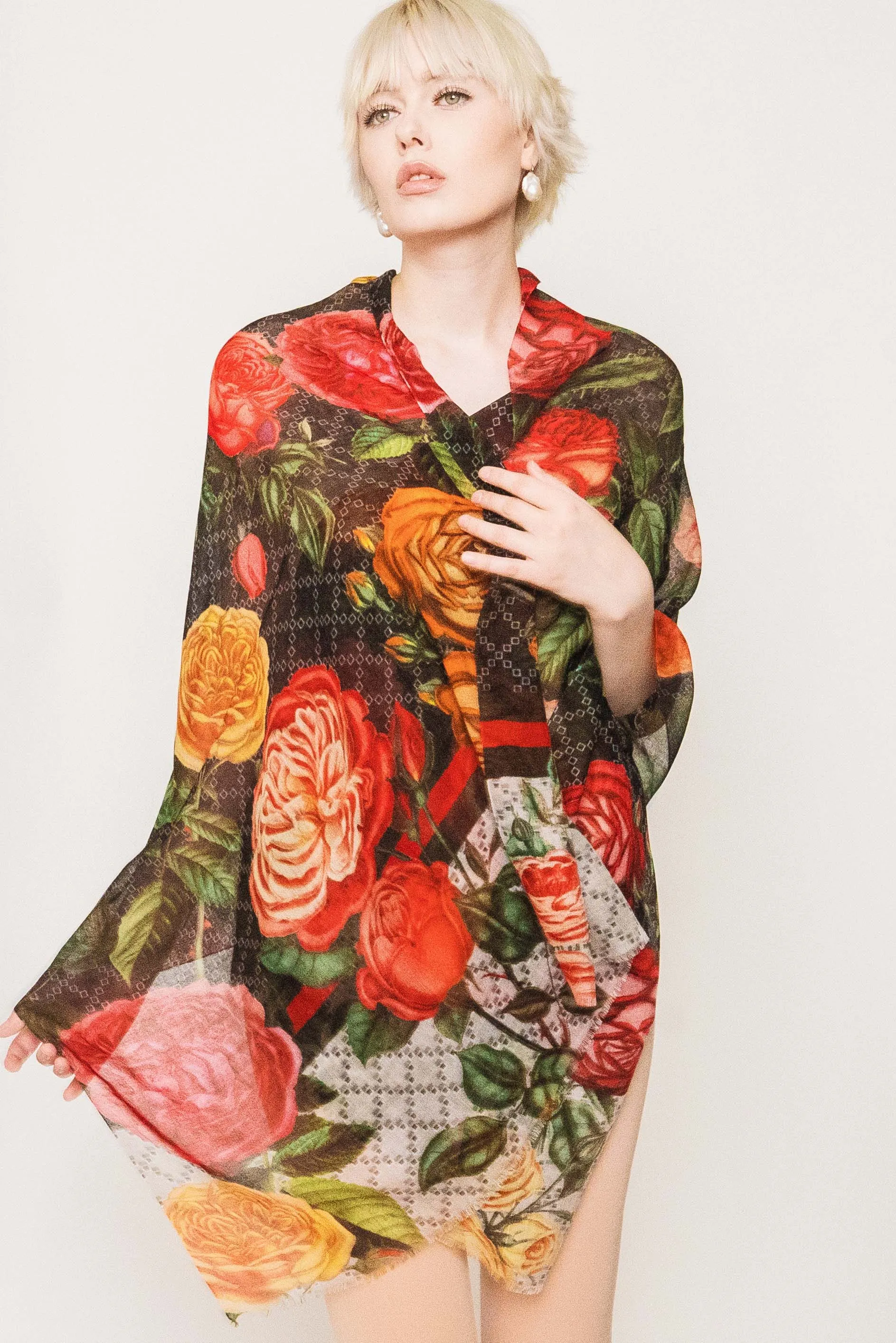 Floral Silk Wool Scarf - Winter Sale 50% Off - At checkout use code Winter50%