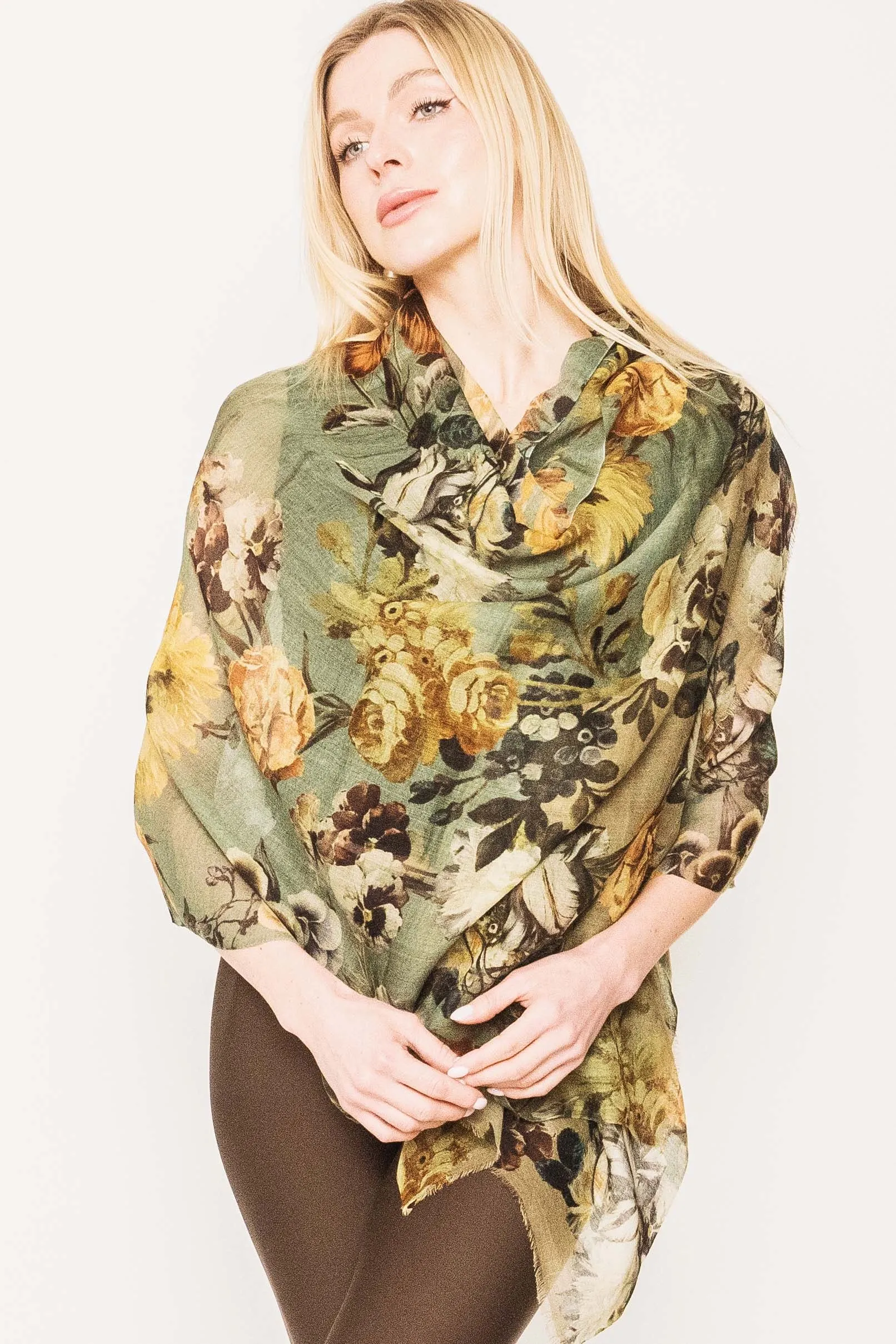 Floral Silk Wool Scarf - Winter Sale 50% Off - At checkout use code Winter50%