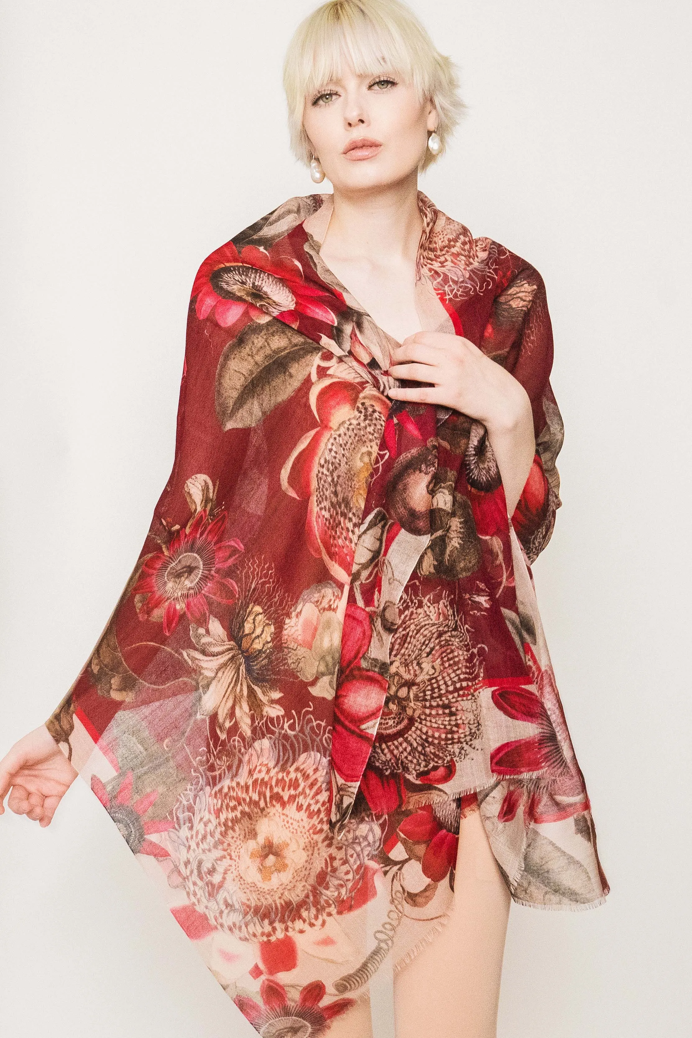 Floral Silk Wool Scarf - Winter Sale 50% Off - At checkout use code Winter50%