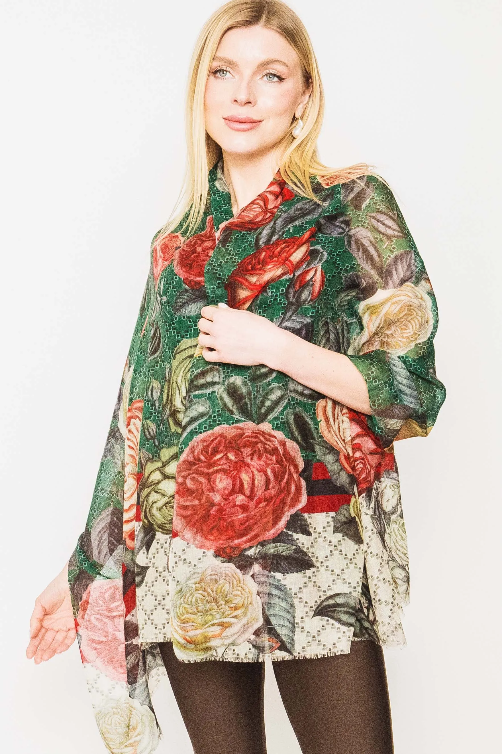 Floral Silk Wool Scarf - Winter Sale 50% Off - At checkout use code Winter50%