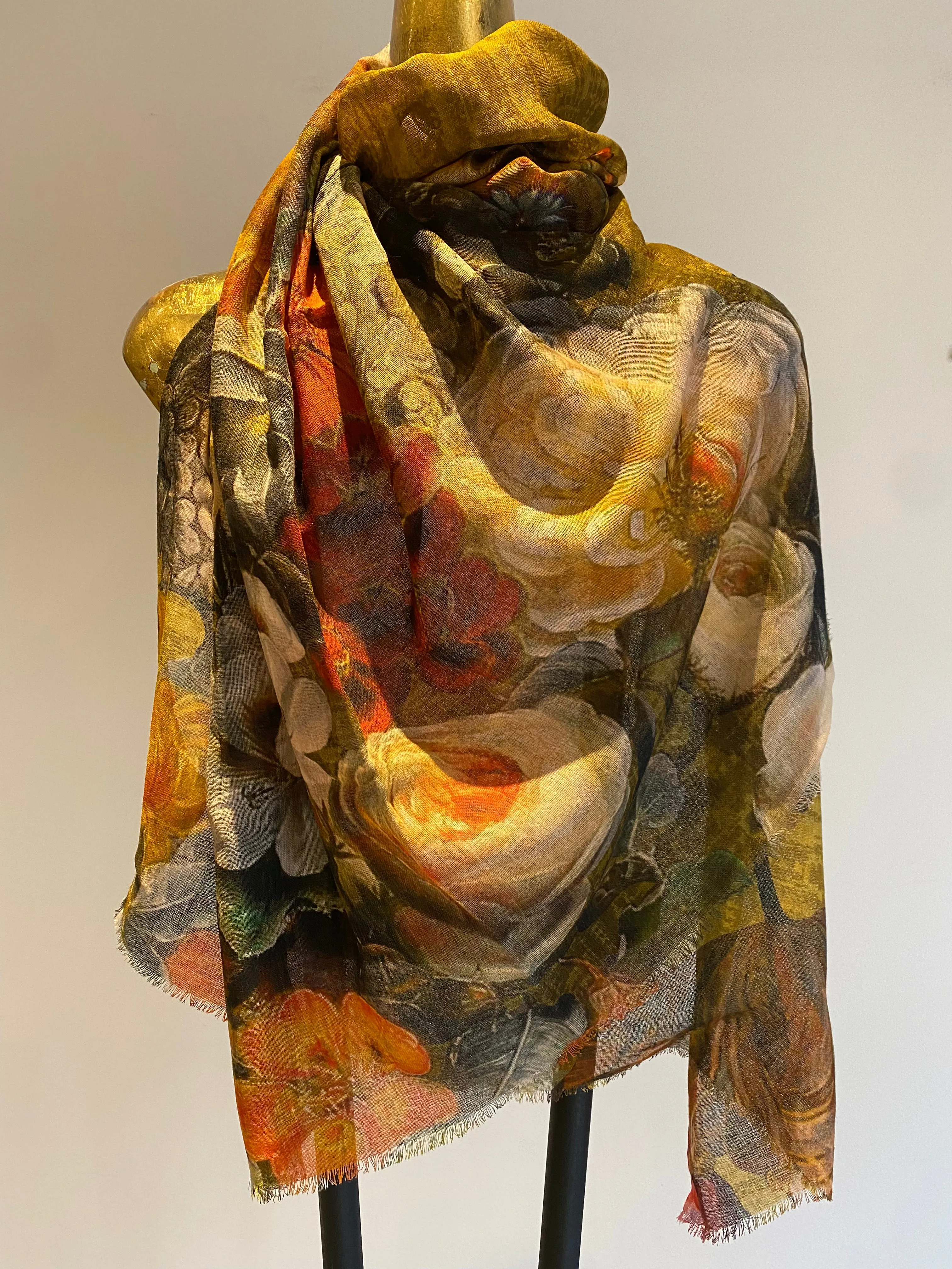 Floral Silk Wool Scarf - Winter Sale 50% Off - At checkout use code Winter50%