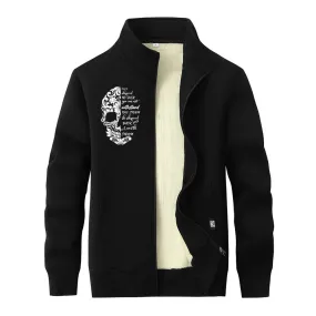 Flower Pattern Half Skull Fleece Head Stand Collar Zip Cardigan