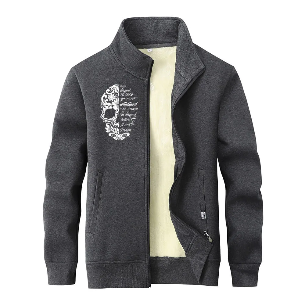 Flower Pattern Half Skull Fleece Head Stand Collar Zip Cardigan