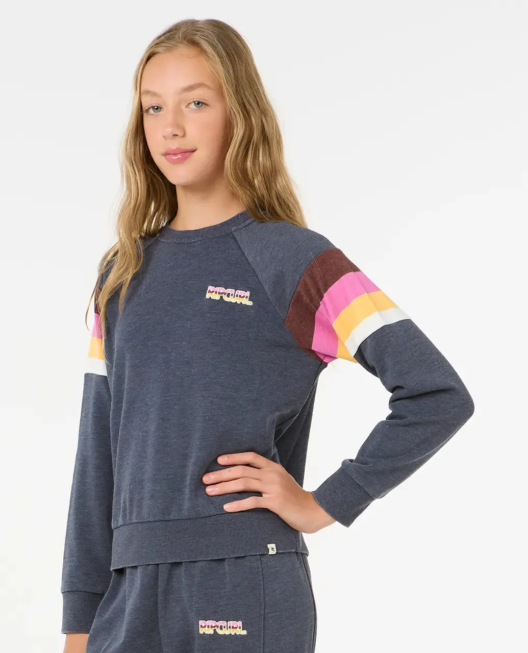 Girls Las Dalias Raglan Crew Sweatshirt in Navy