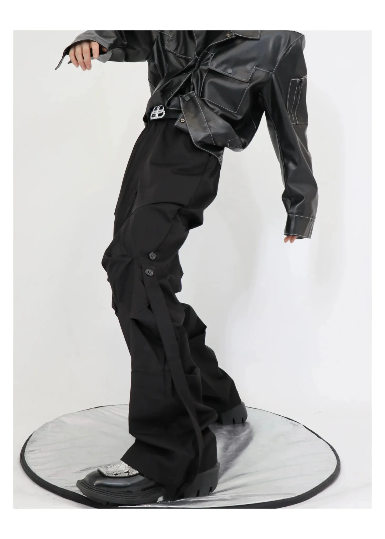 Gothic Pleated Cargo Pants with Streamer Detail in Wide-Leg Design