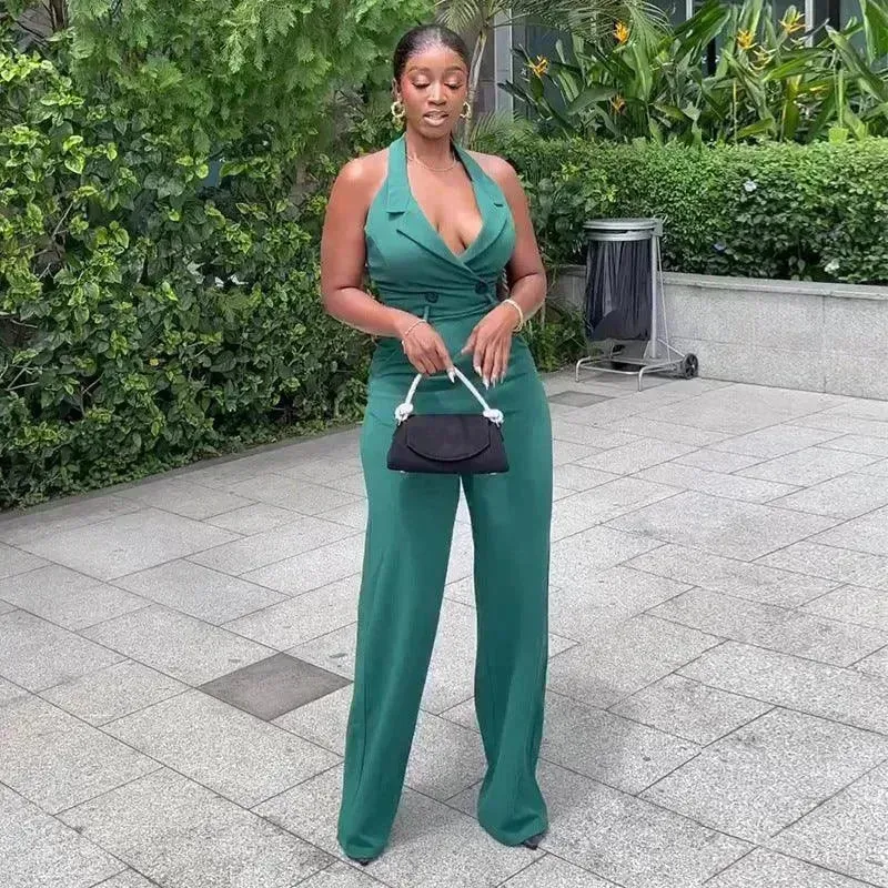 Halter Backless High Waist Pocket Casual Jumpsuit