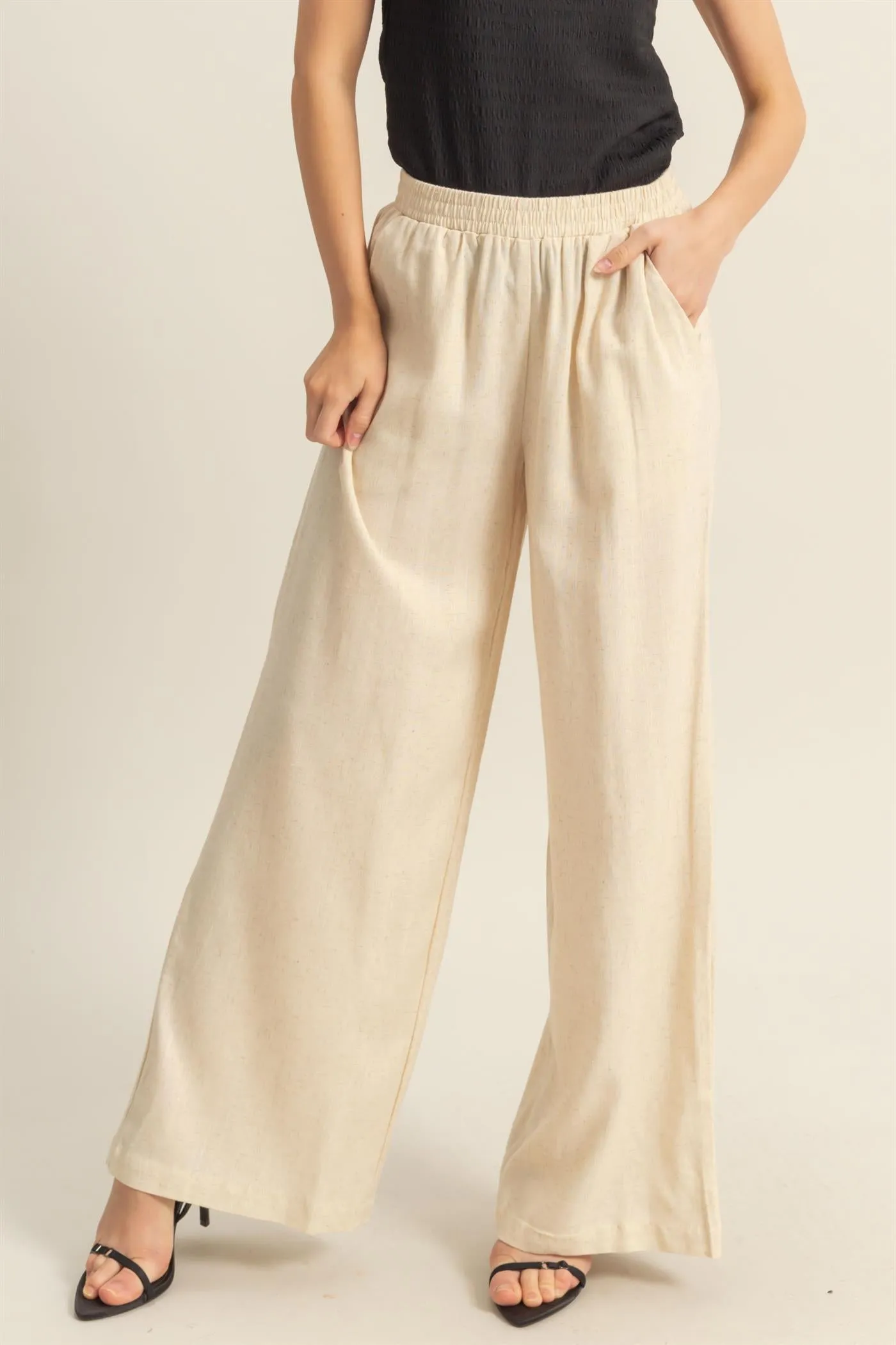 HF25A621-Elasticized Waist Linen Pants