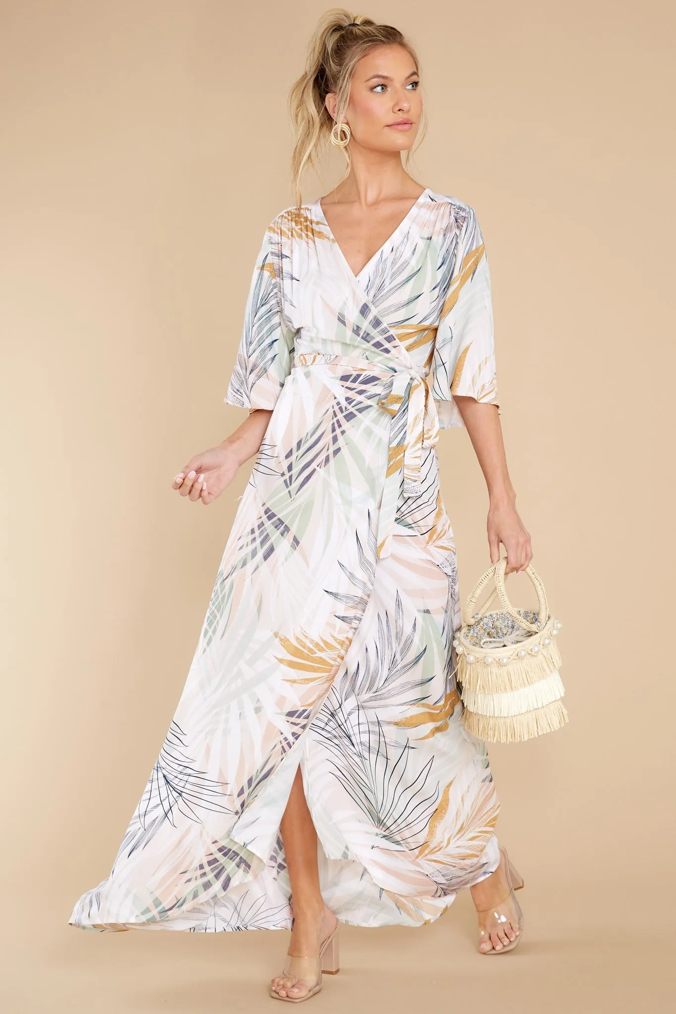 I'm All Yours Beige Palm Beach Wrap Dress