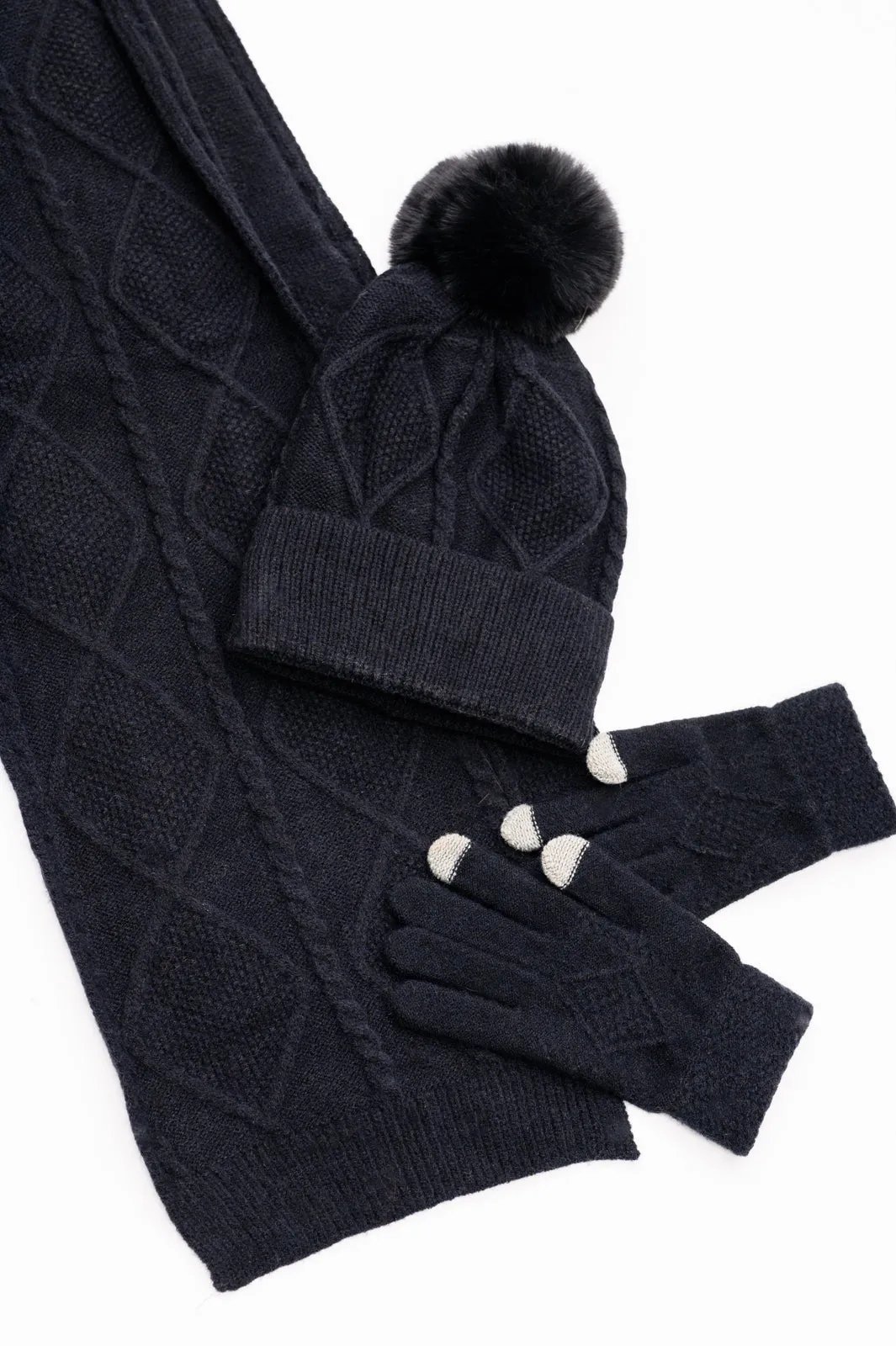 Jane Frost Beanie, Glove, and Scarf Set In Black - 12/4