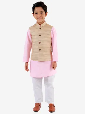 Jashvi Boys Beige, Pink And White Jacket, Kurta and Pyjama Set