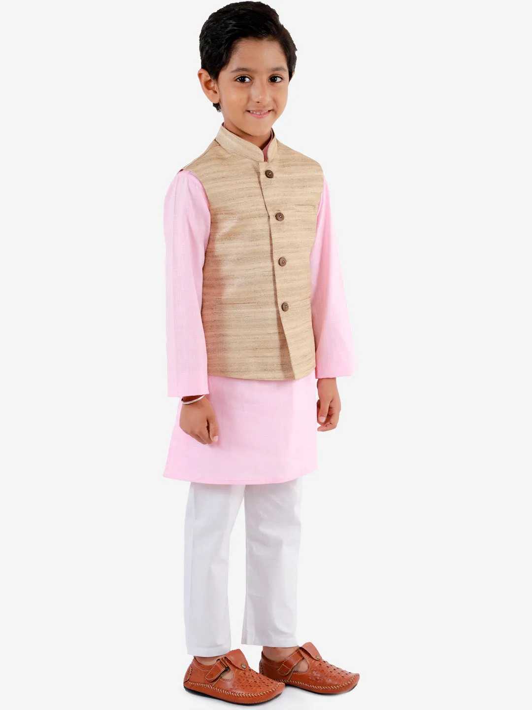 Jashvi Boys Beige, Pink And White Jacket, Kurta and Pyjama Set