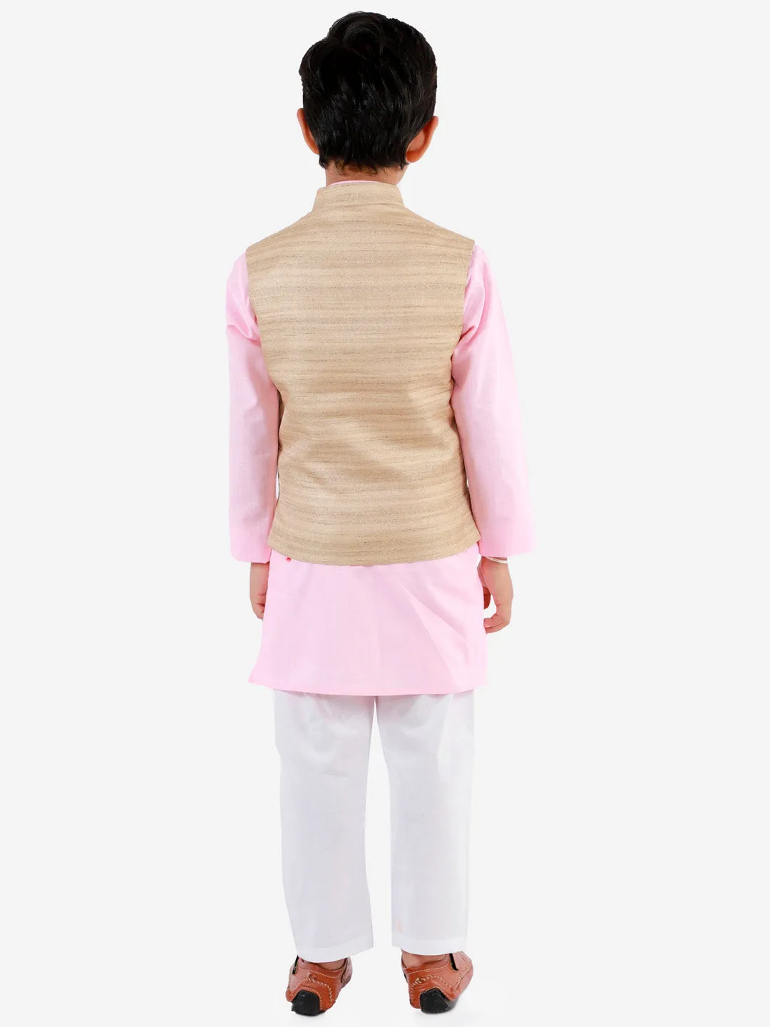 Jashvi Boys Beige, Pink And White Jacket, Kurta and Pyjama Set