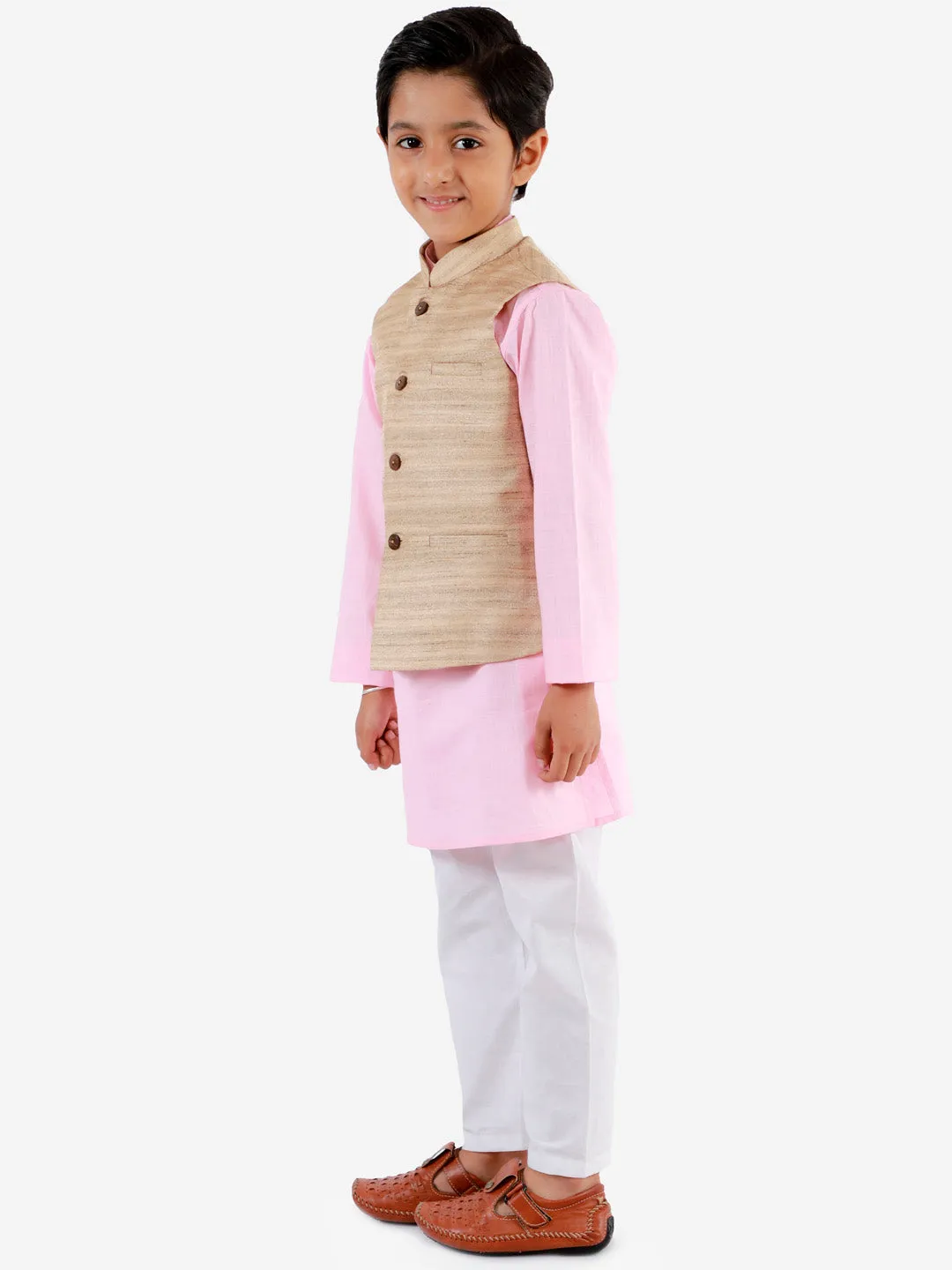 Jashvi Boys Beige, Pink And White Jacket, Kurta and Pyjama Set