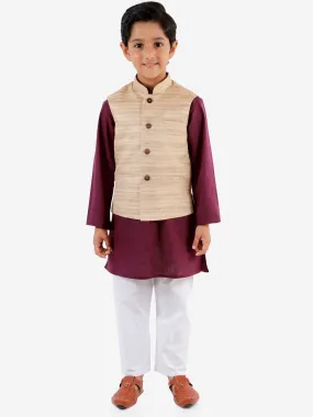 Jashvi Boys Beige, Purple And White Jacket, Kurta and Pyjama Set