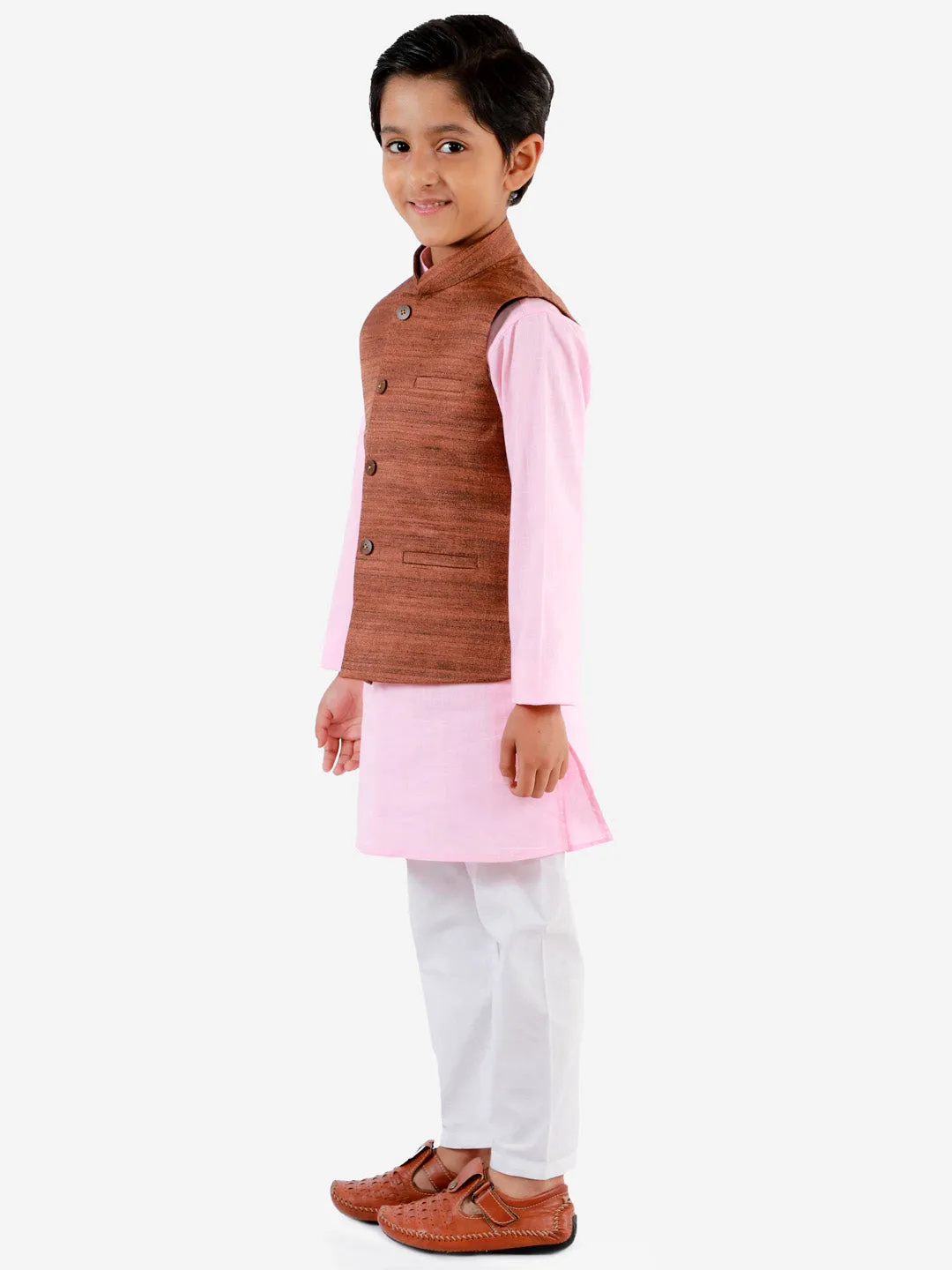 Jashvi Boys Coffee Brown, Pink And White Jacket, Kurta and Pyjama Set