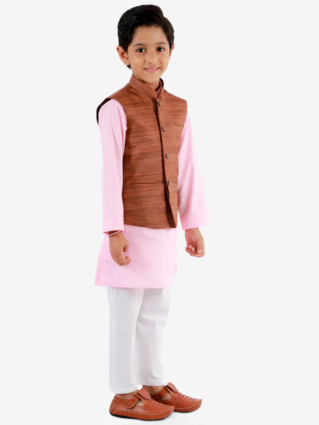 Jashvi Boys Coffee Brown, Pink And White Jacket, Kurta and Pyjama Set