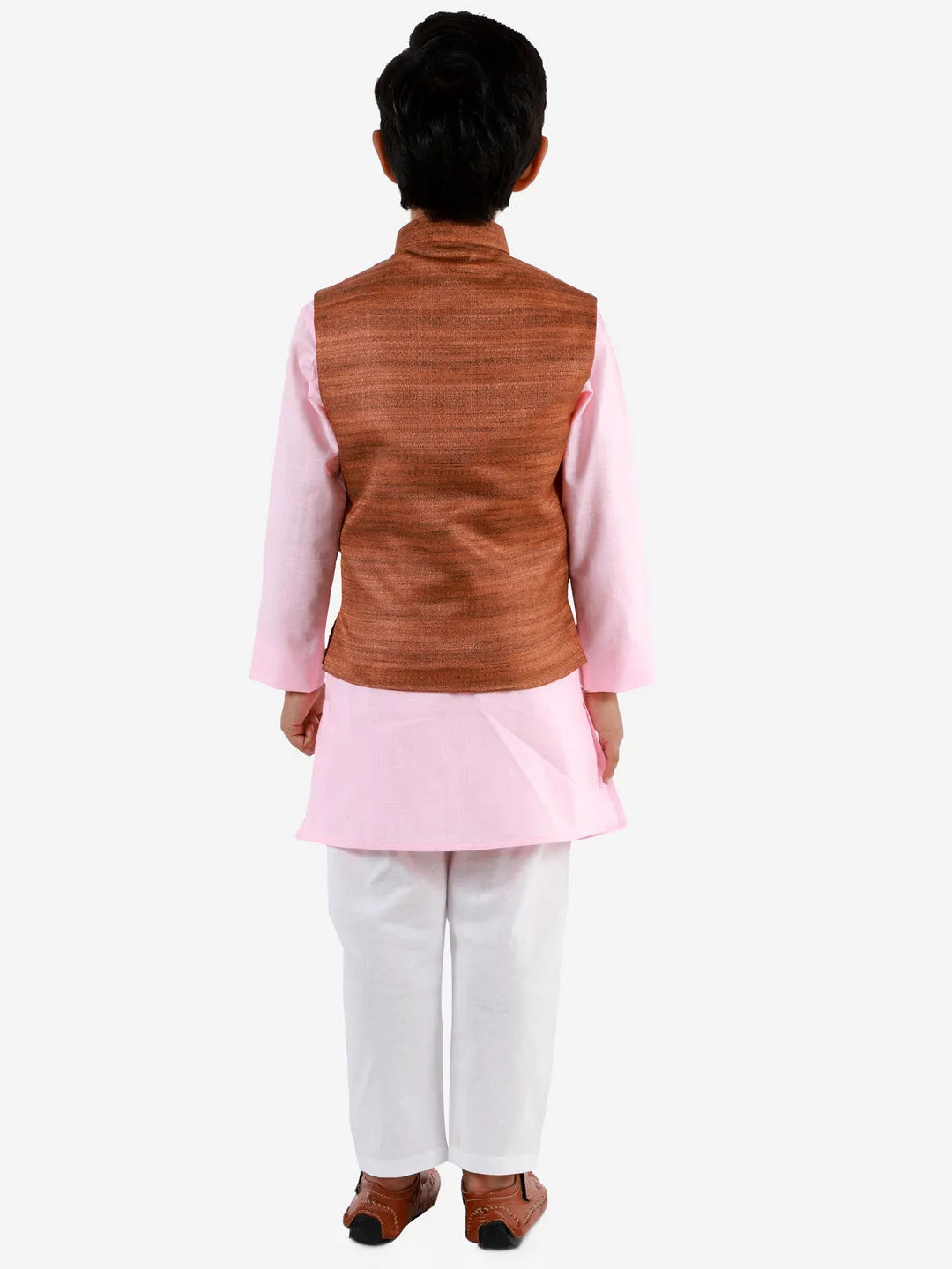 Jashvi Boys Coffee Brown, Pink And White Jacket, Kurta and Pyjama Set