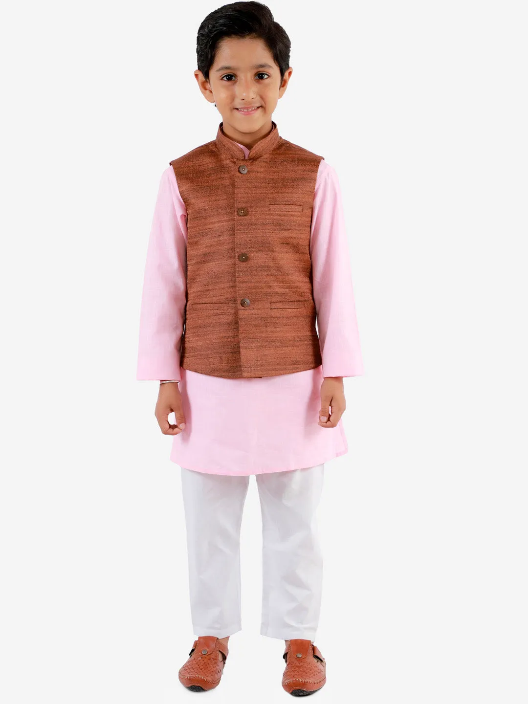 Jashvi Boys Coffee Brown, Pink And White Jacket, Kurta and Pyjama Set