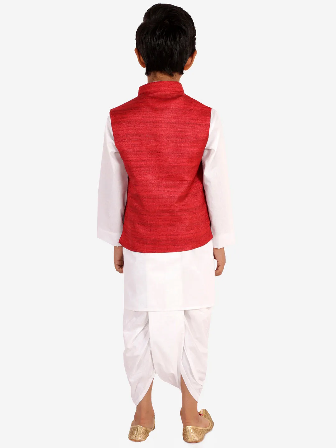 Jashvi Boy's Maroon And White Matka Silk Jacket, Kurta and Dhoti Set