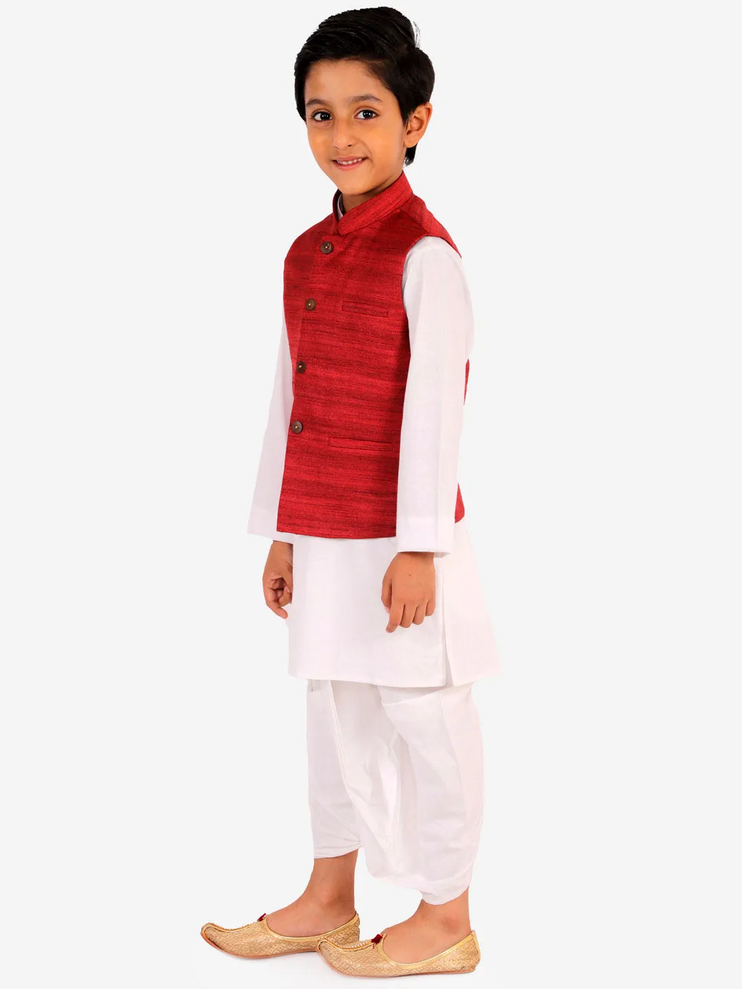 Jashvi Boy's Maroon And White Matka Silk Jacket, Kurta and Dhoti Set