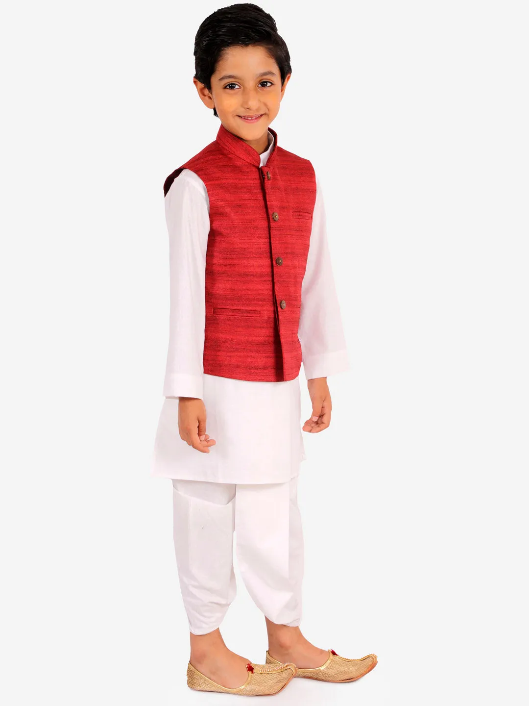 Jashvi Boy's Maroon And White Matka Silk Jacket, Kurta and Dhoti Set